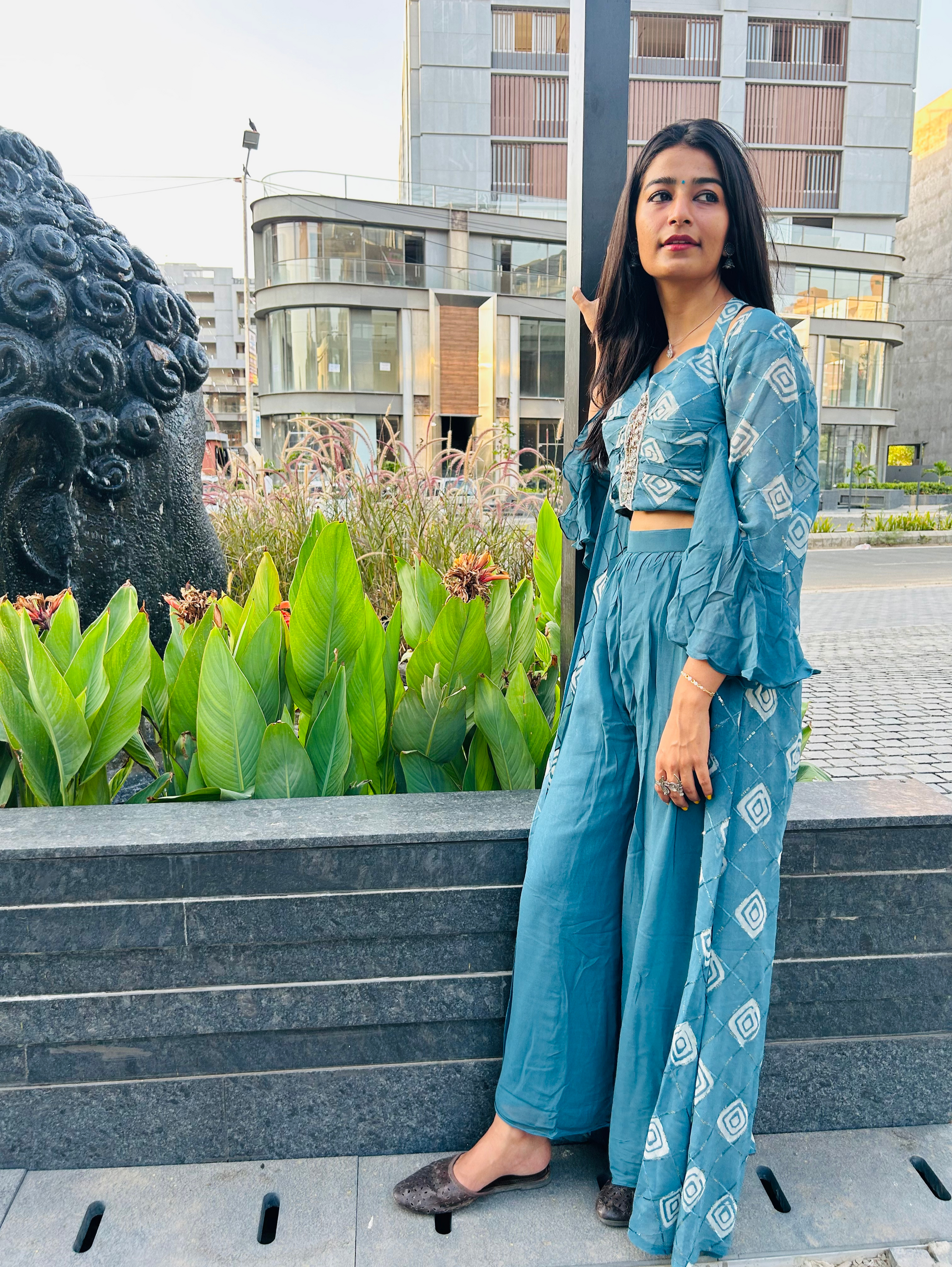 Broad Palazzo Set with work and Separate Shrug - 3 Piece