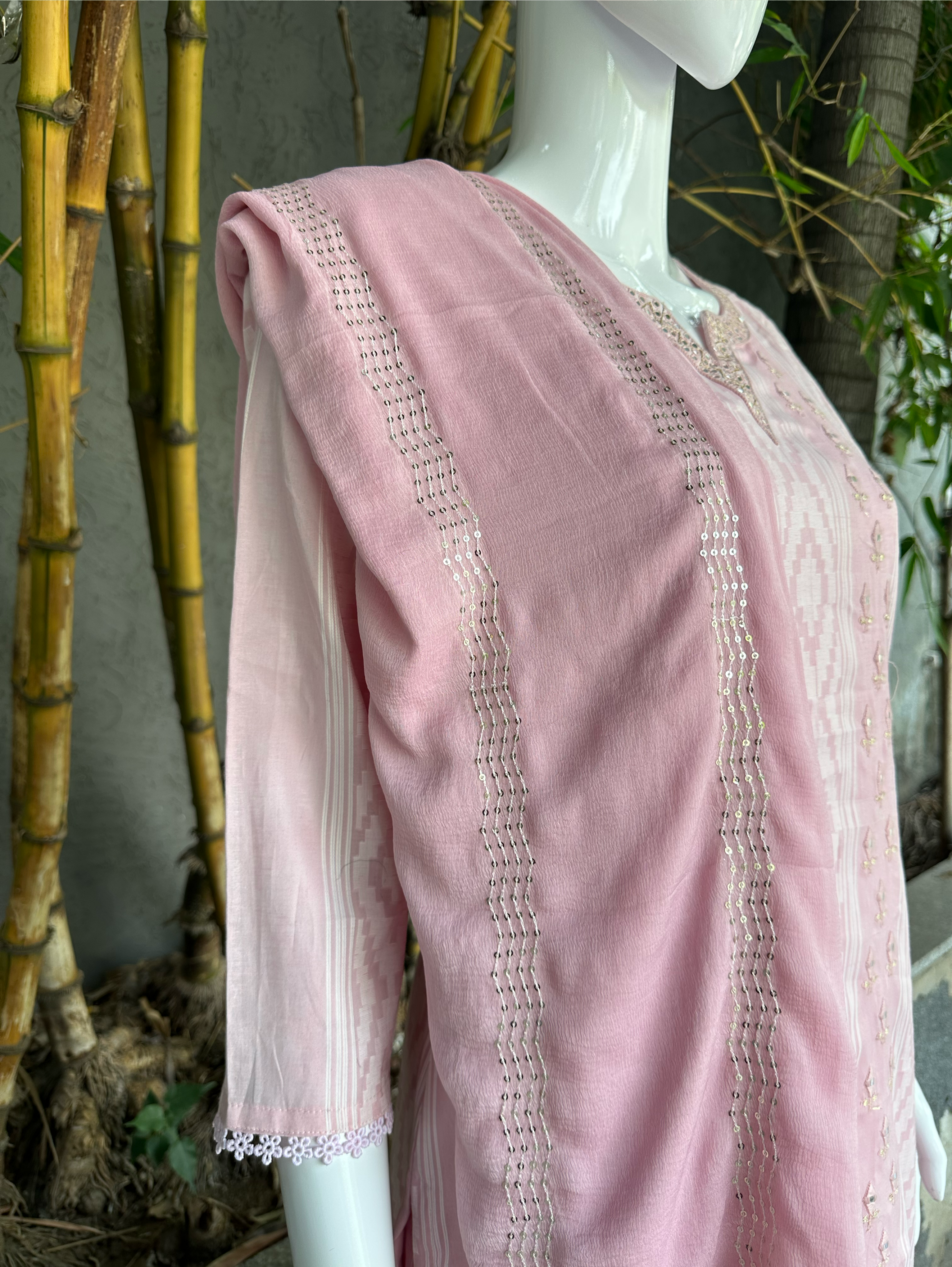 Image of Cotton Ikkat print Embroidery Kurti Set