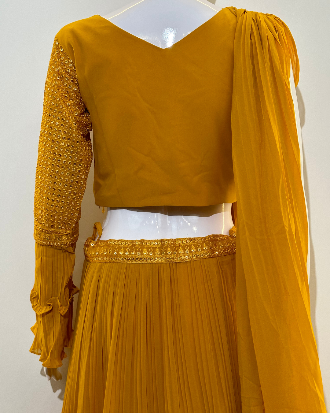 Image of Yellow Georgette Crop Top Dress- 2 Piece