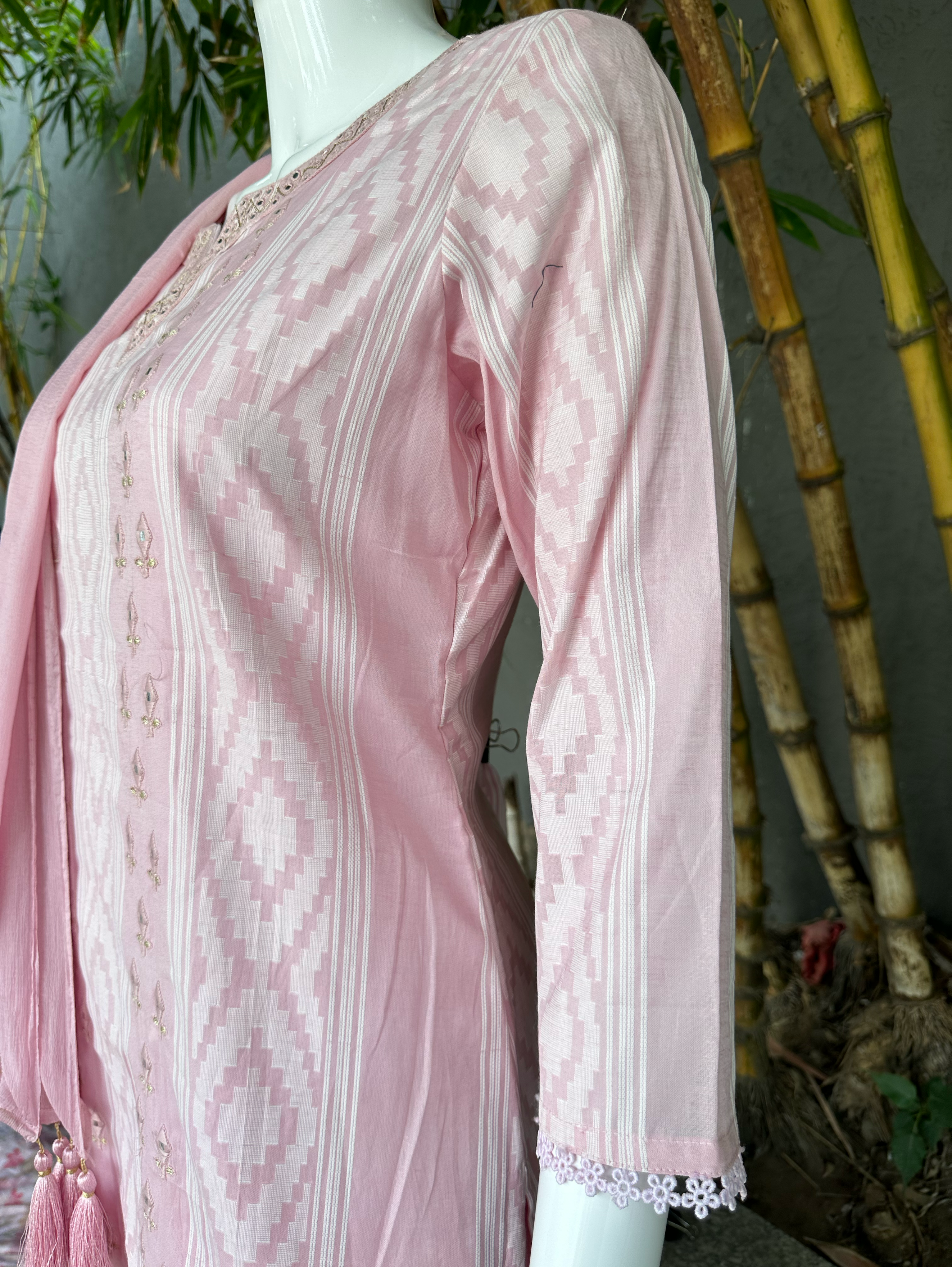 Image of Cotton Ikkat print Embroidery Kurti Set