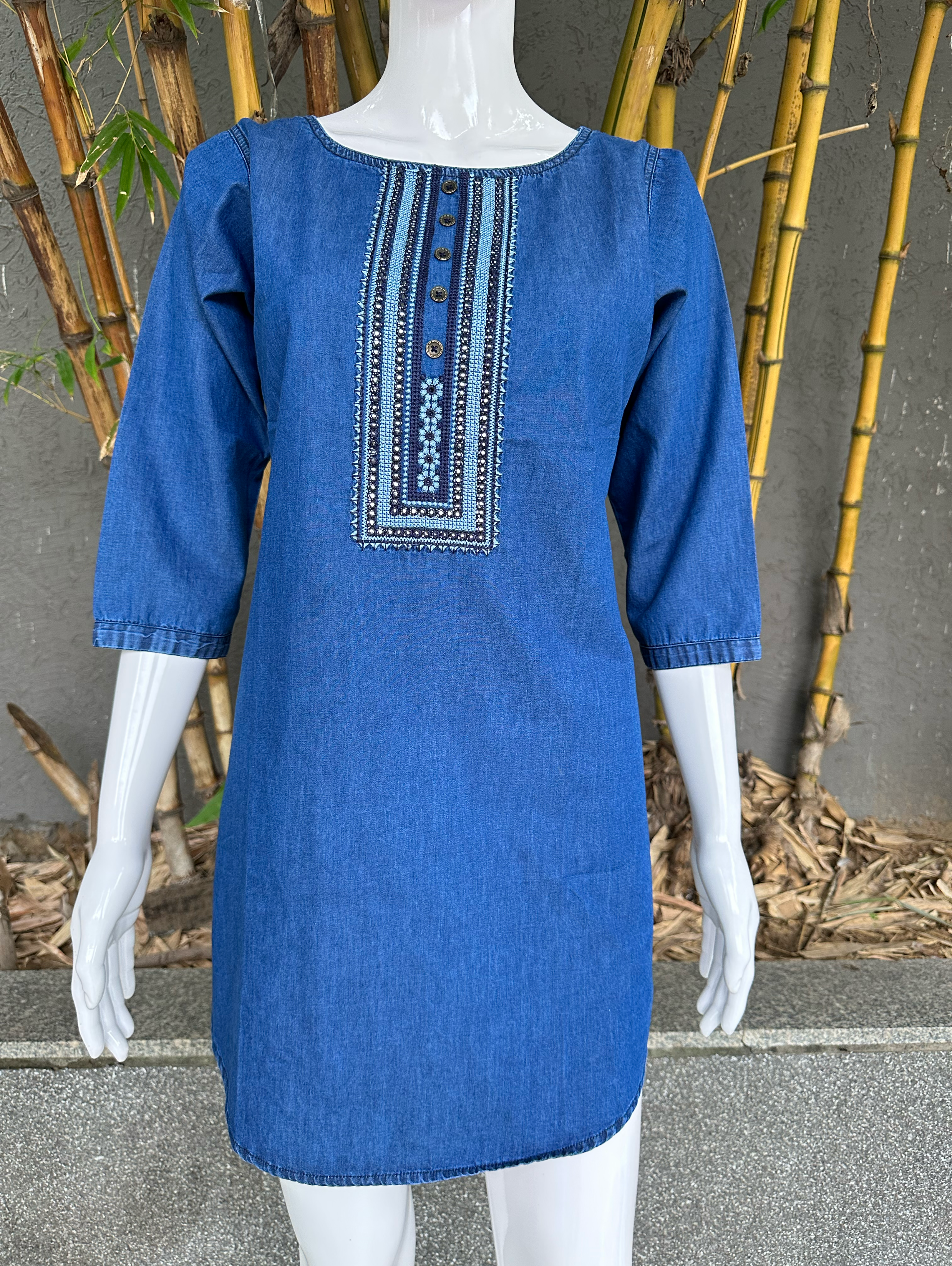 Image of Denim Neck Embroidery Short Tunic Top