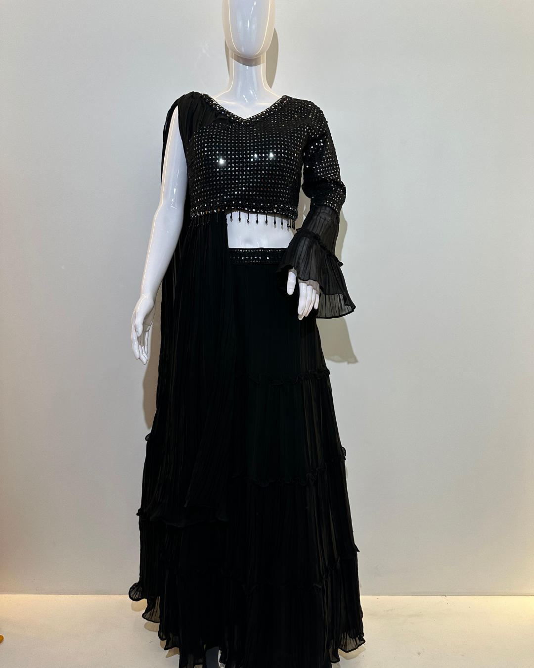 Black Georgette Crop Top Dress- 2 Piece