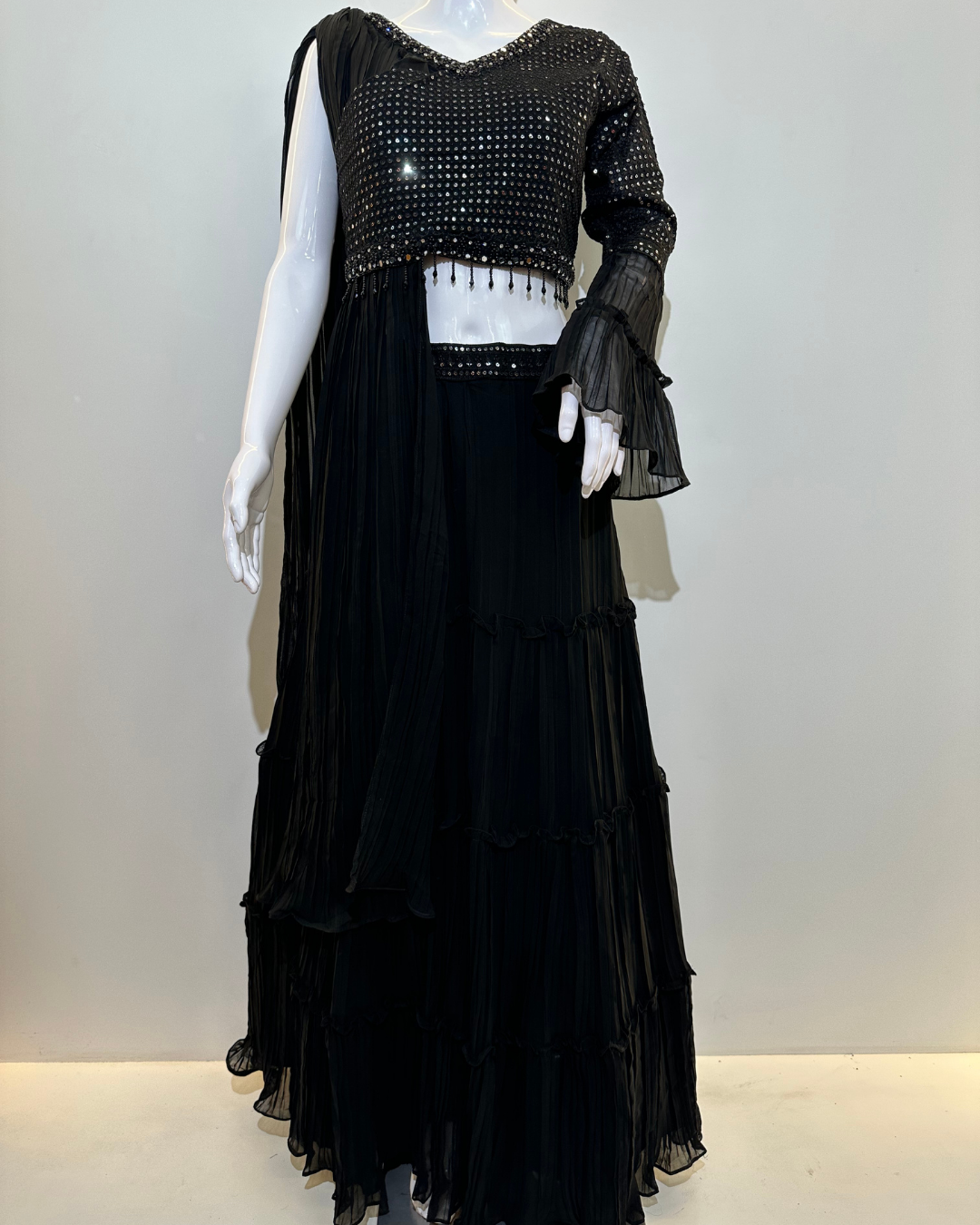 Image of Black Georgette Crop Top Dress- 2 Piece