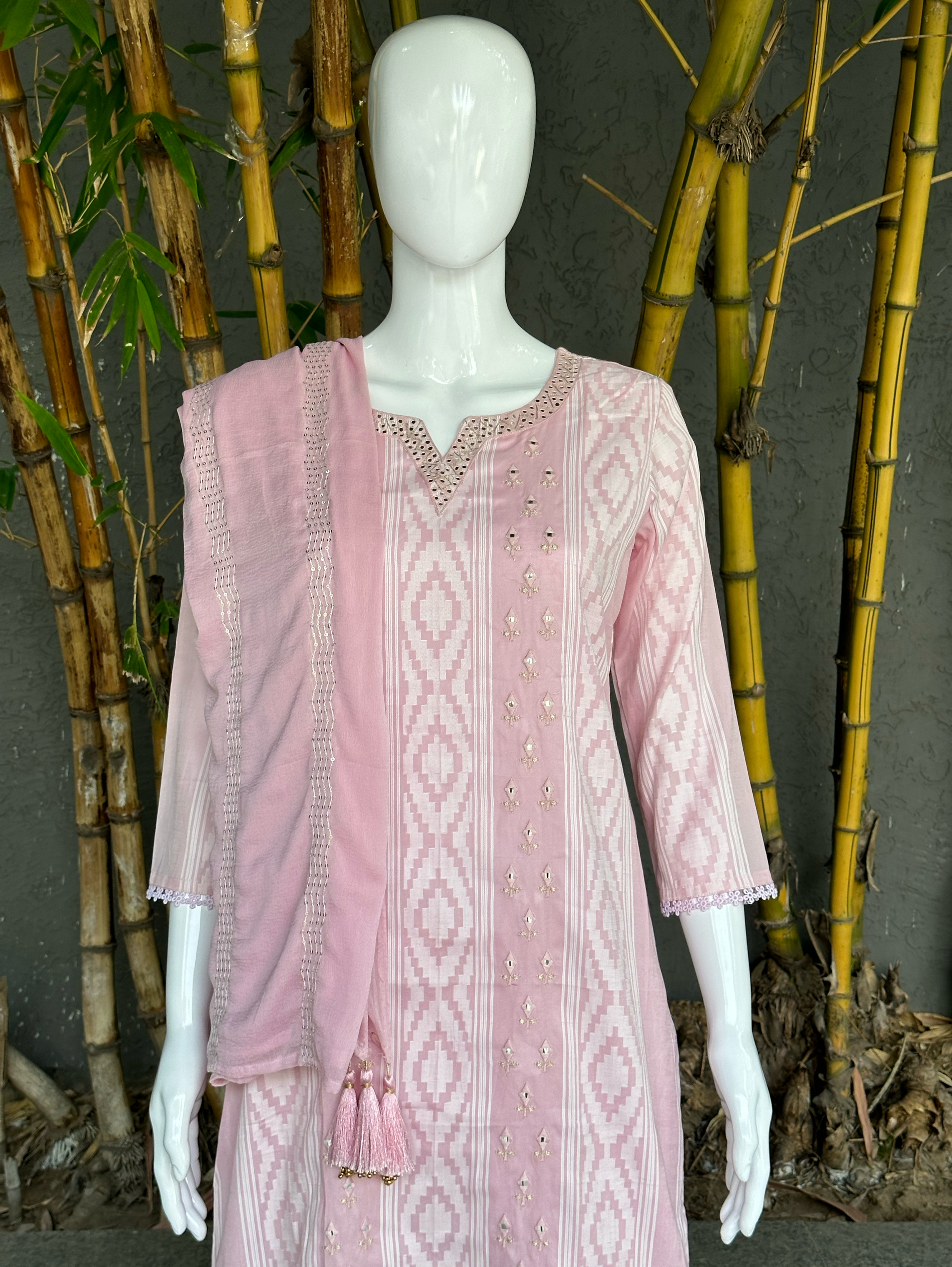 Image of Cotton Ikkat print Embroidery Kurti Set
