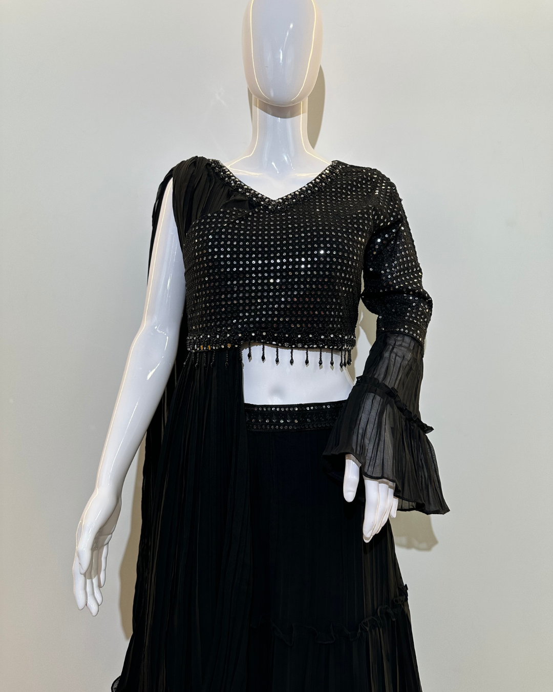 Image of Black Georgette Crop Top Dress- 2 Piece