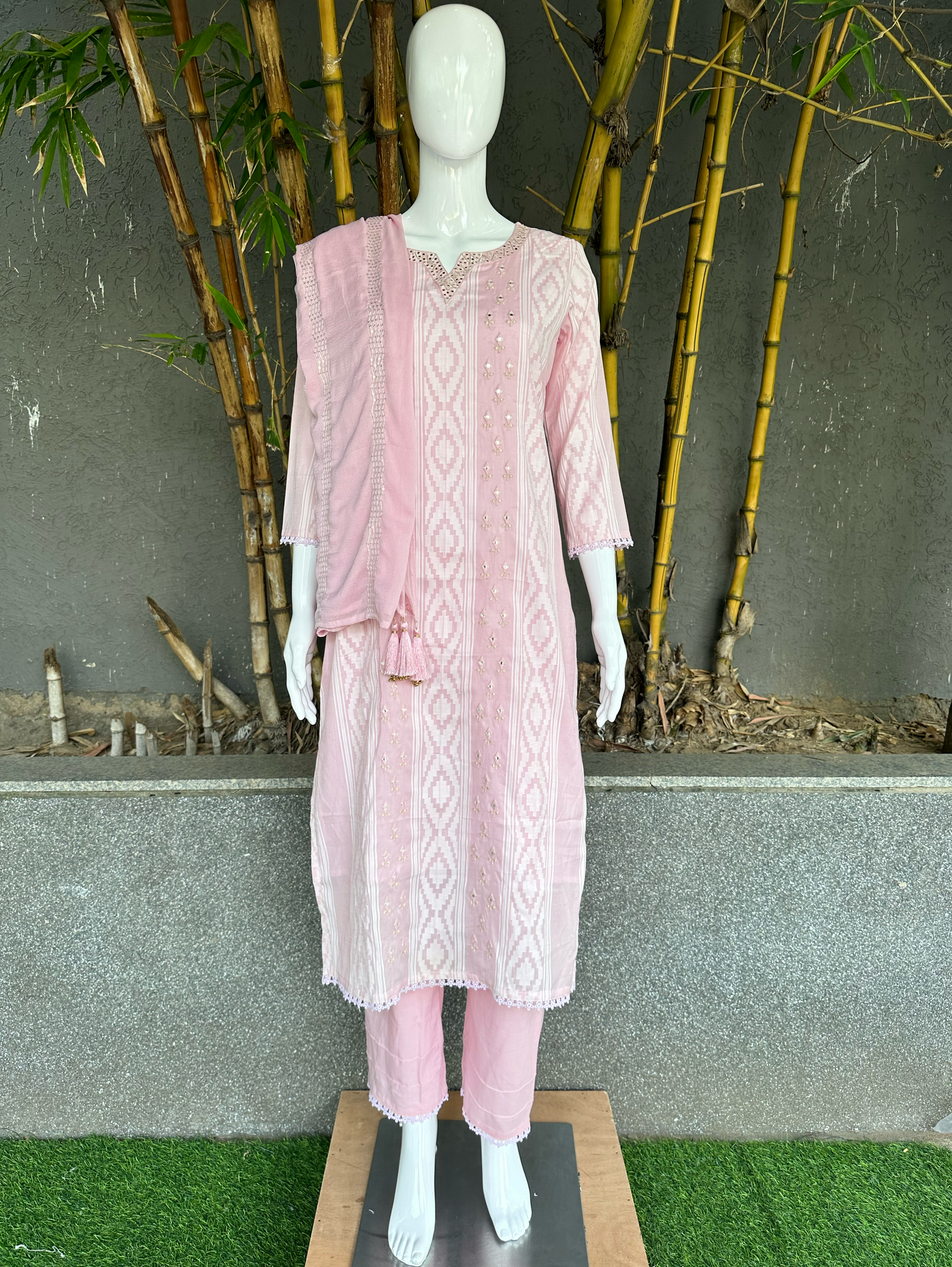 Cotton Ikkat print Embroidery Kurti Set