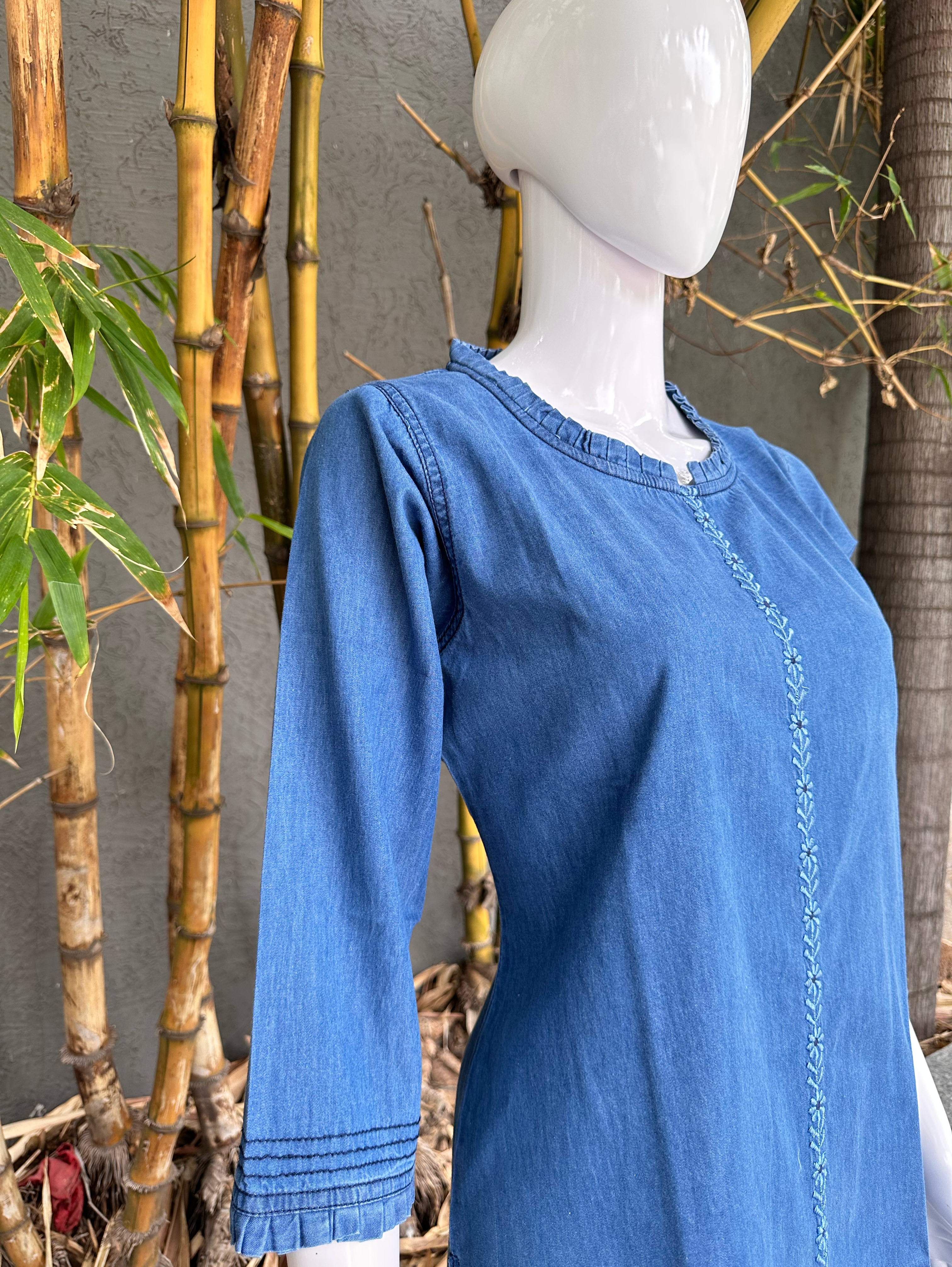 Image of Denim Dress with Embroidery and Unique Cuts