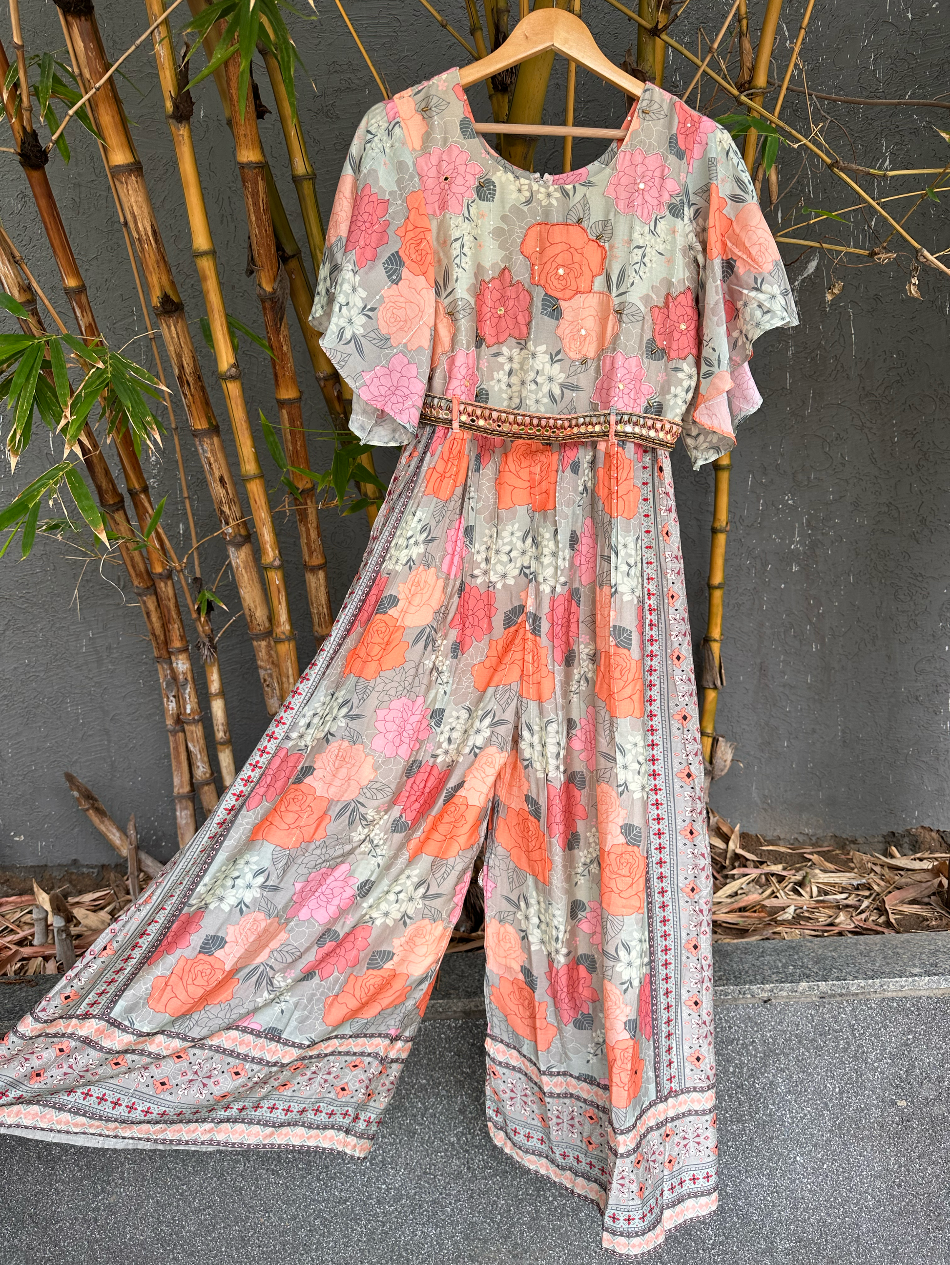 Big Flower Muslin Jumpsuit with Sequence work