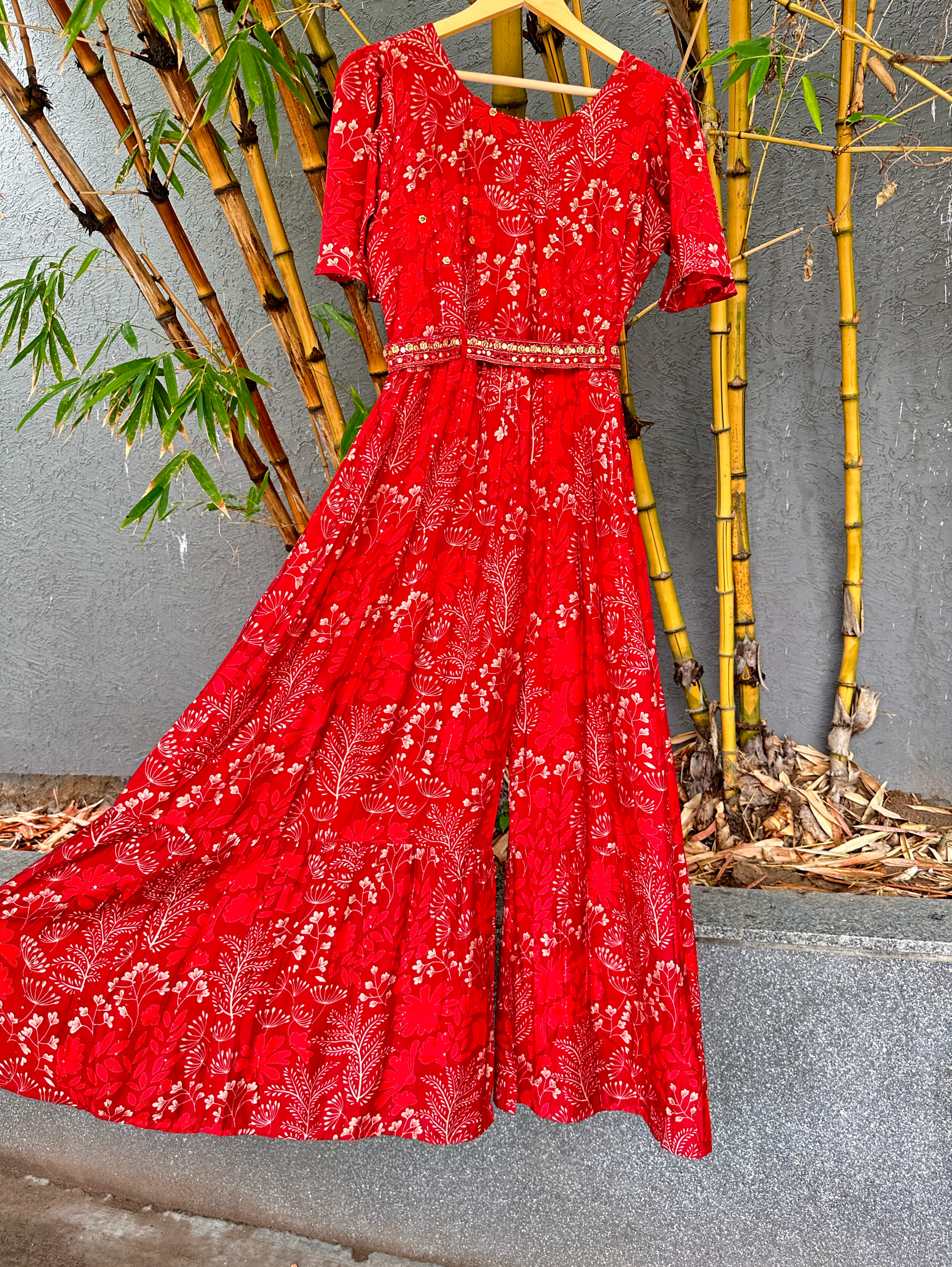 Image of Red Muslin Jumpsuit with Sequence work