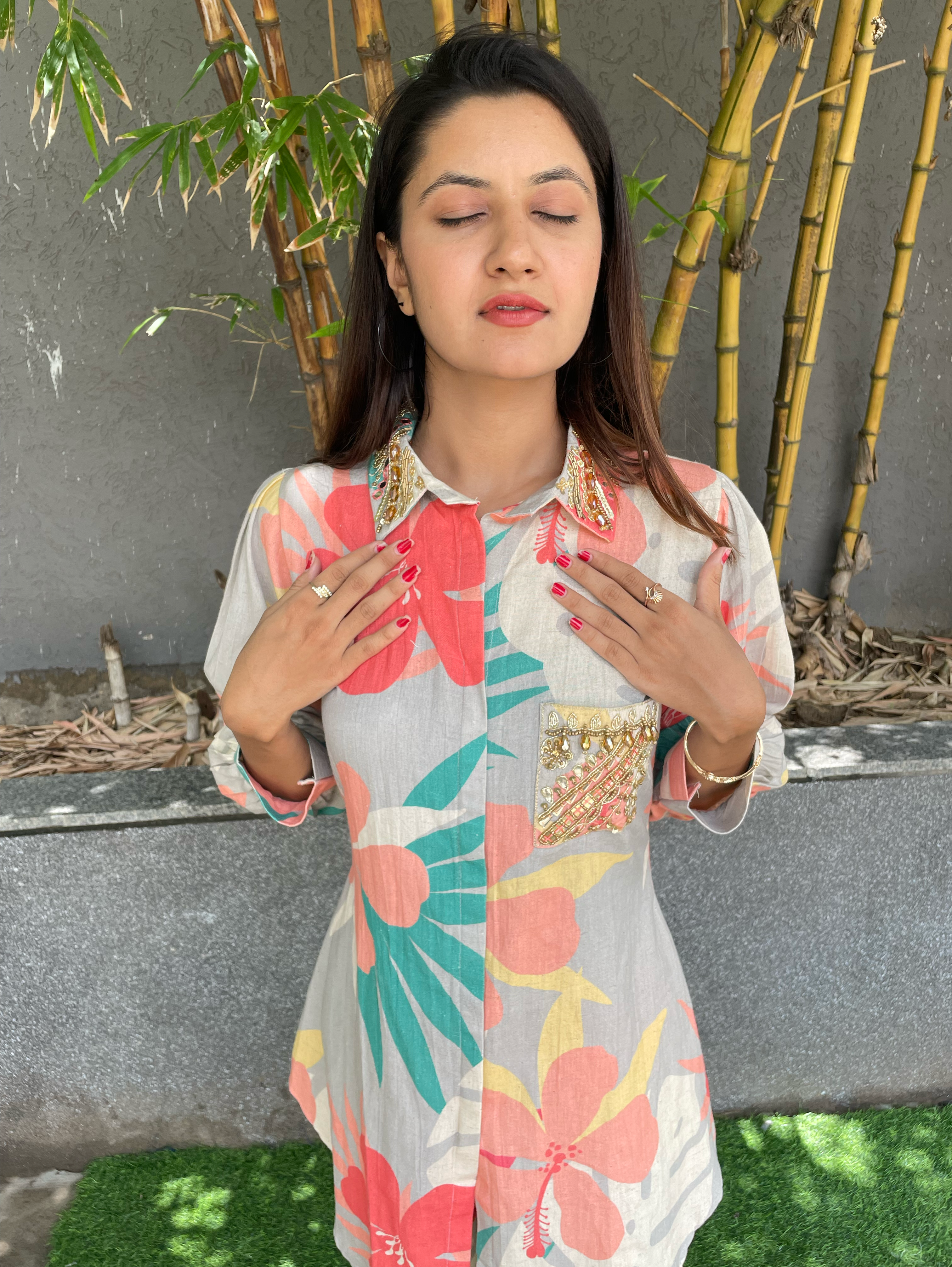 Image of Cotton Flower Print Hand work Coords