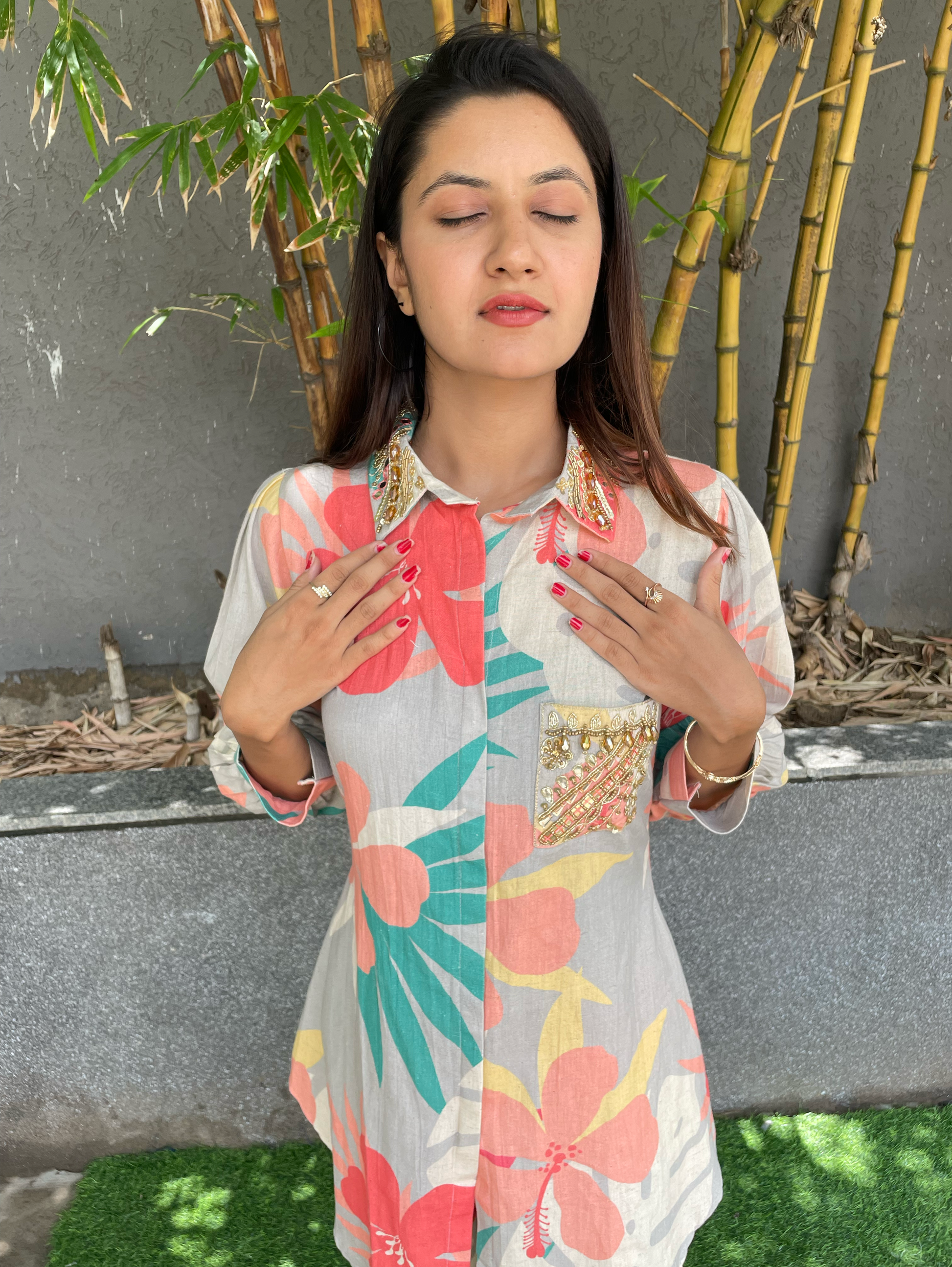 Cotton Flower Print Hand work Coords