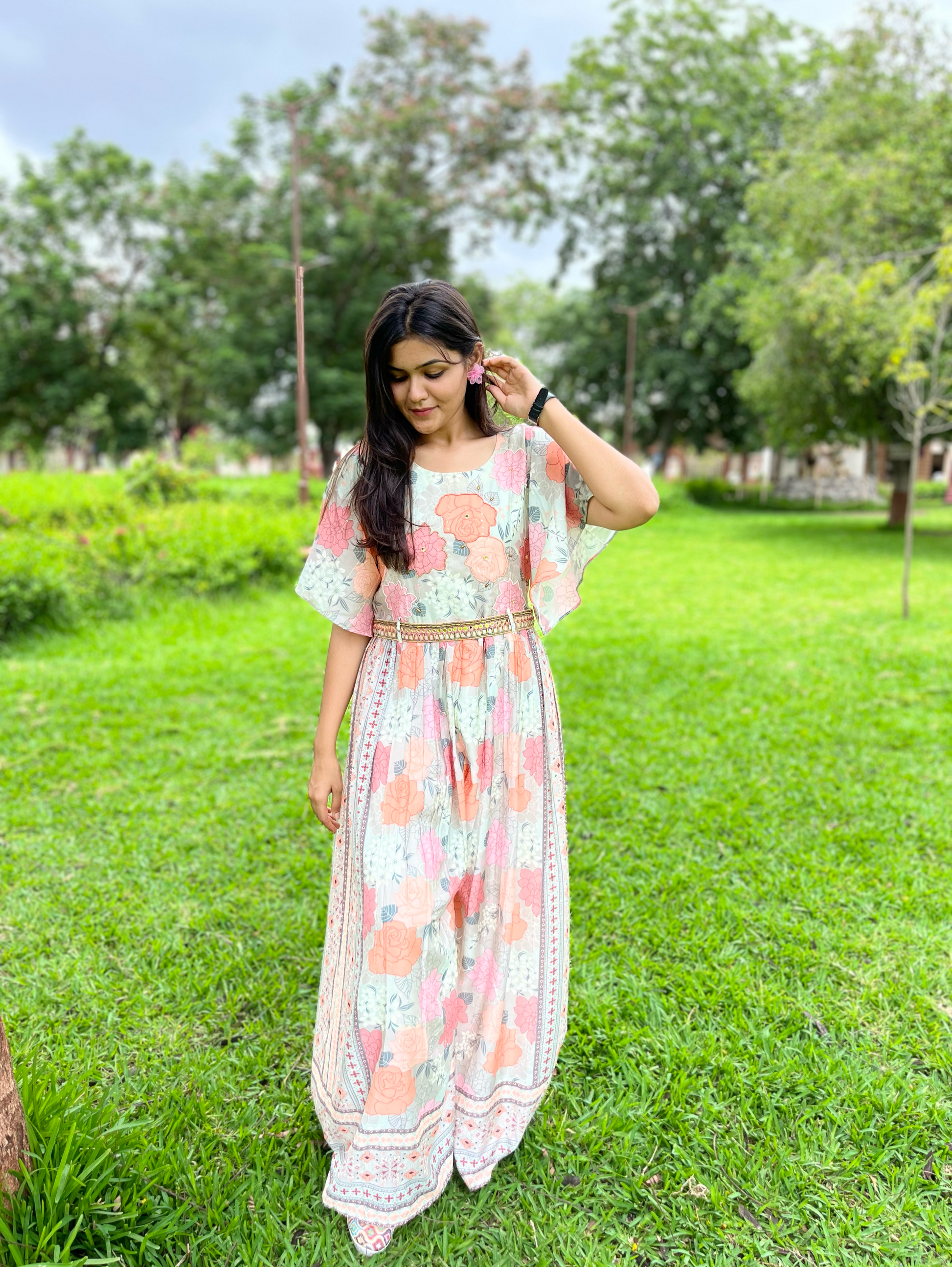 Big Flower Muslin Jumpsuit with Sequence work
