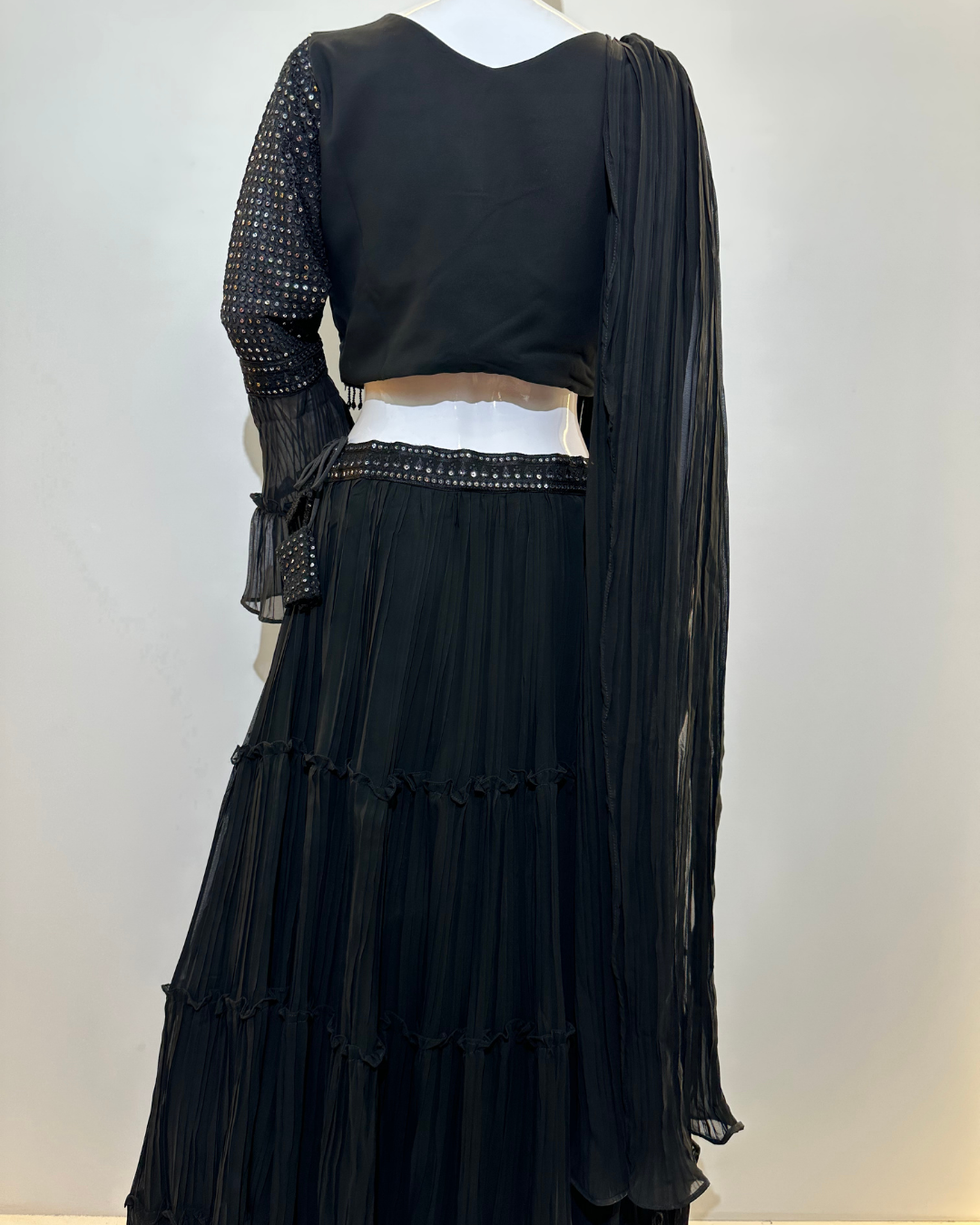 Image of Black Georgette Crop Top Dress- 2 Piece