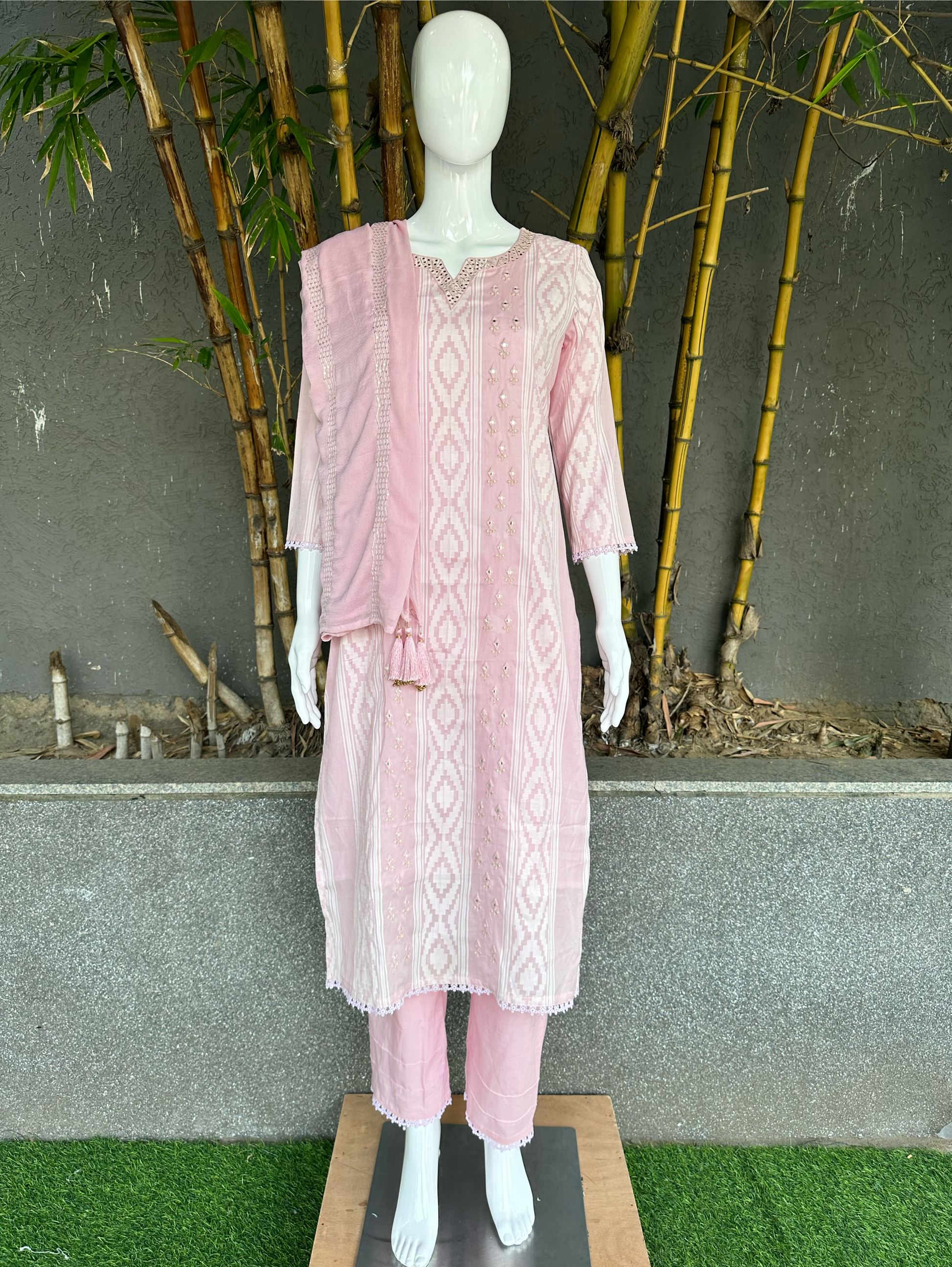 Cotton Ikkat print Embroidery Kurti Set