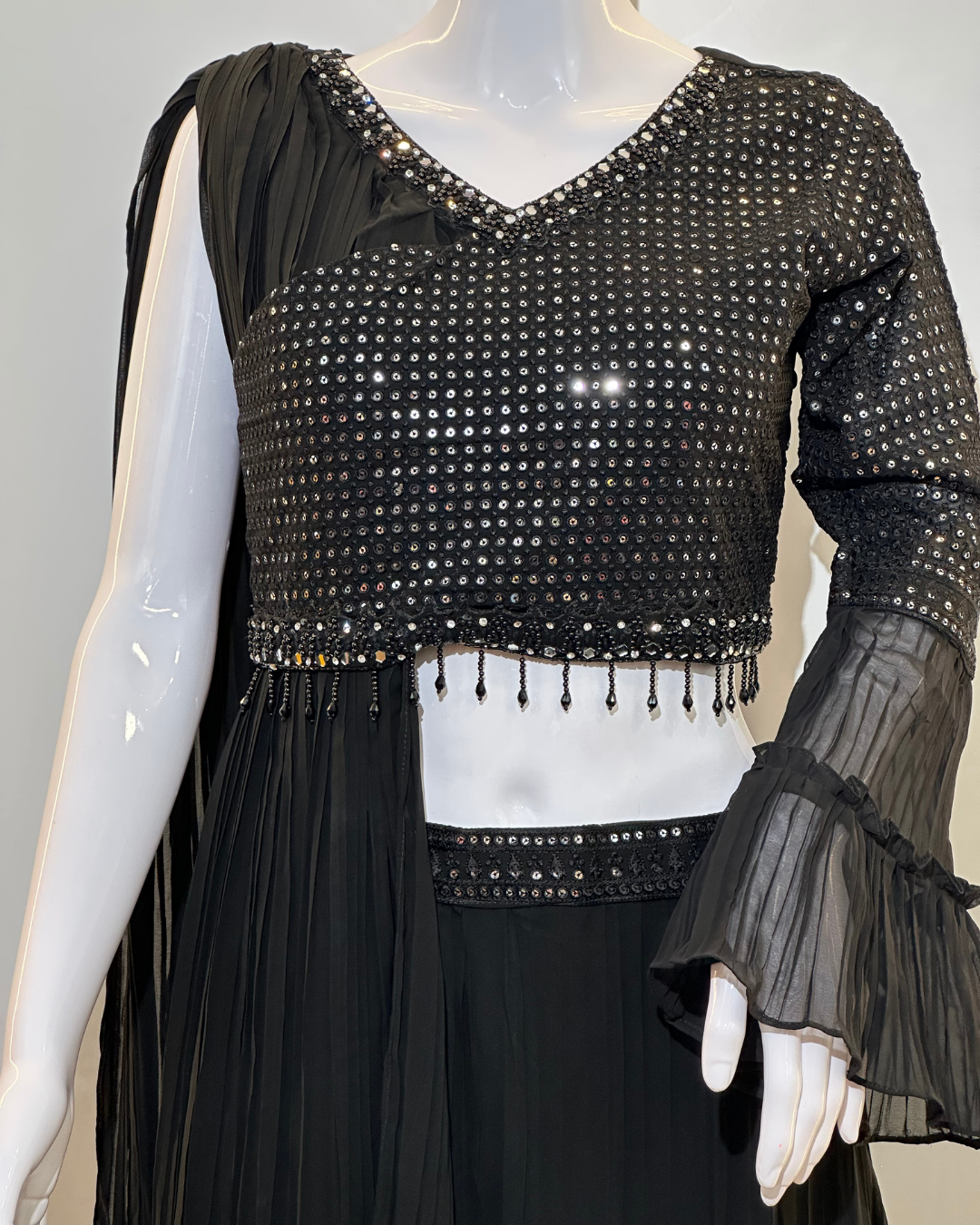 Black Georgette Crop Top Dress- 2 Piece