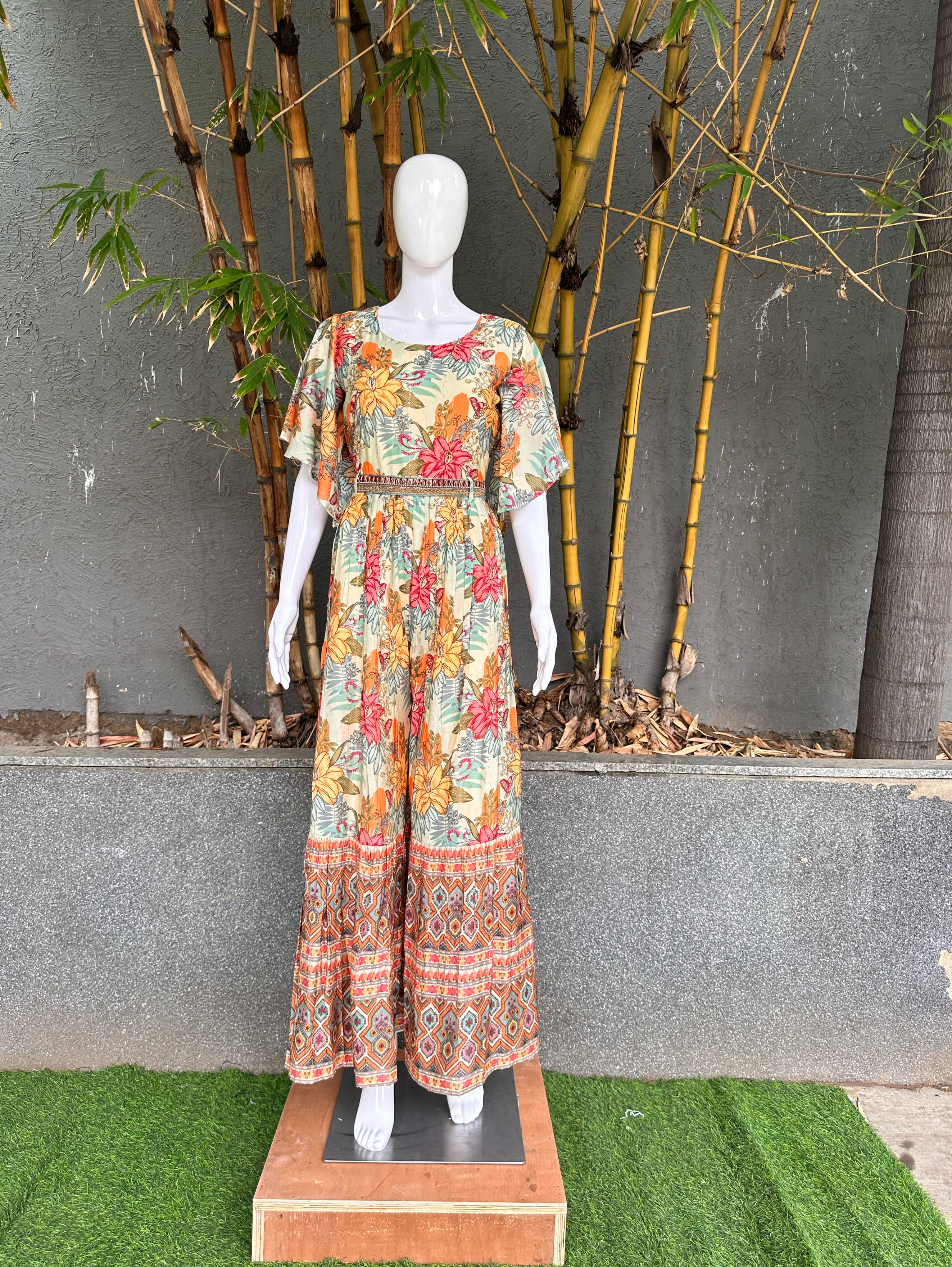 Image of Floral Muslin Jumpsuit with Sequence work