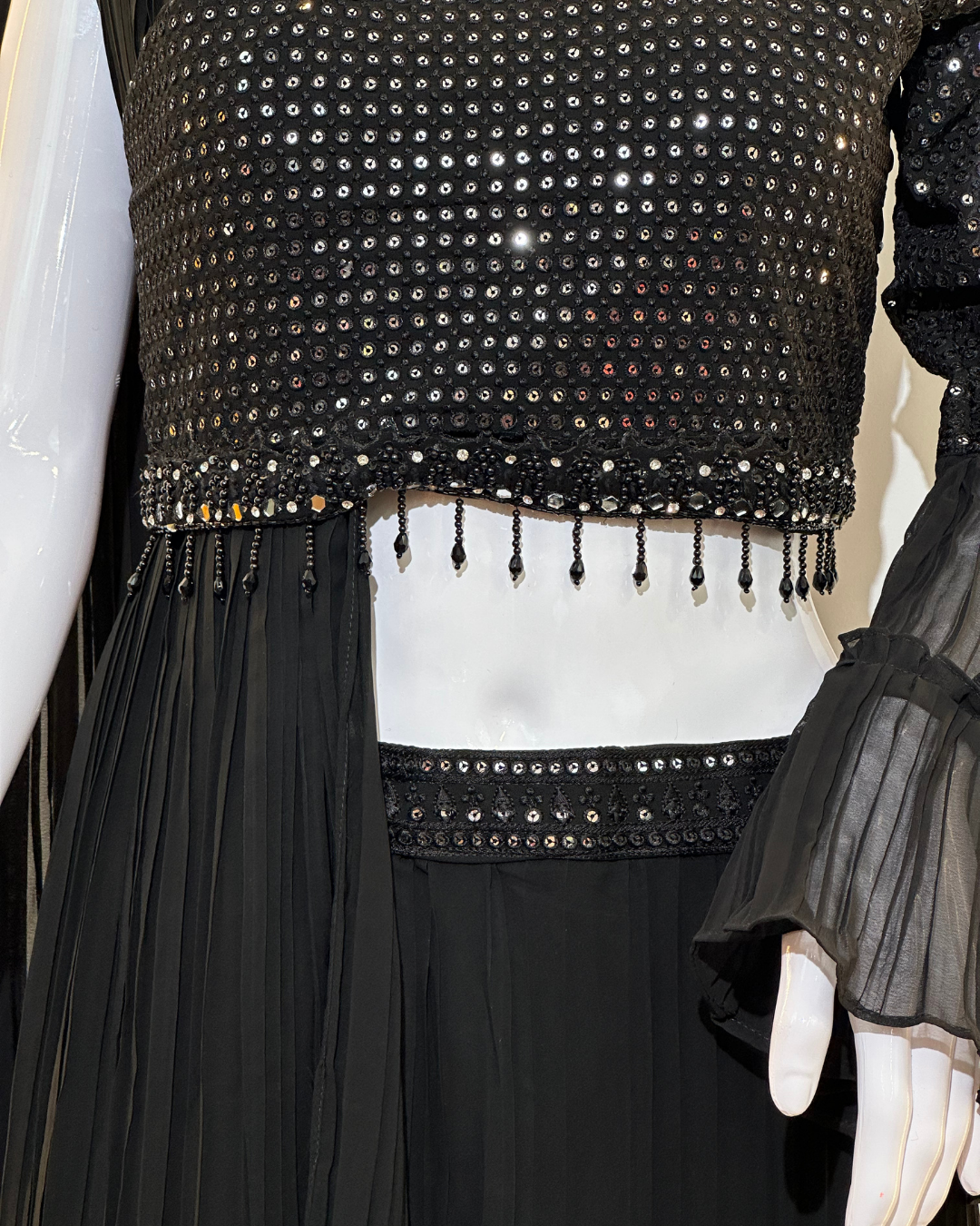 Image of Black Georgette Crop Top Dress- 2 Piece