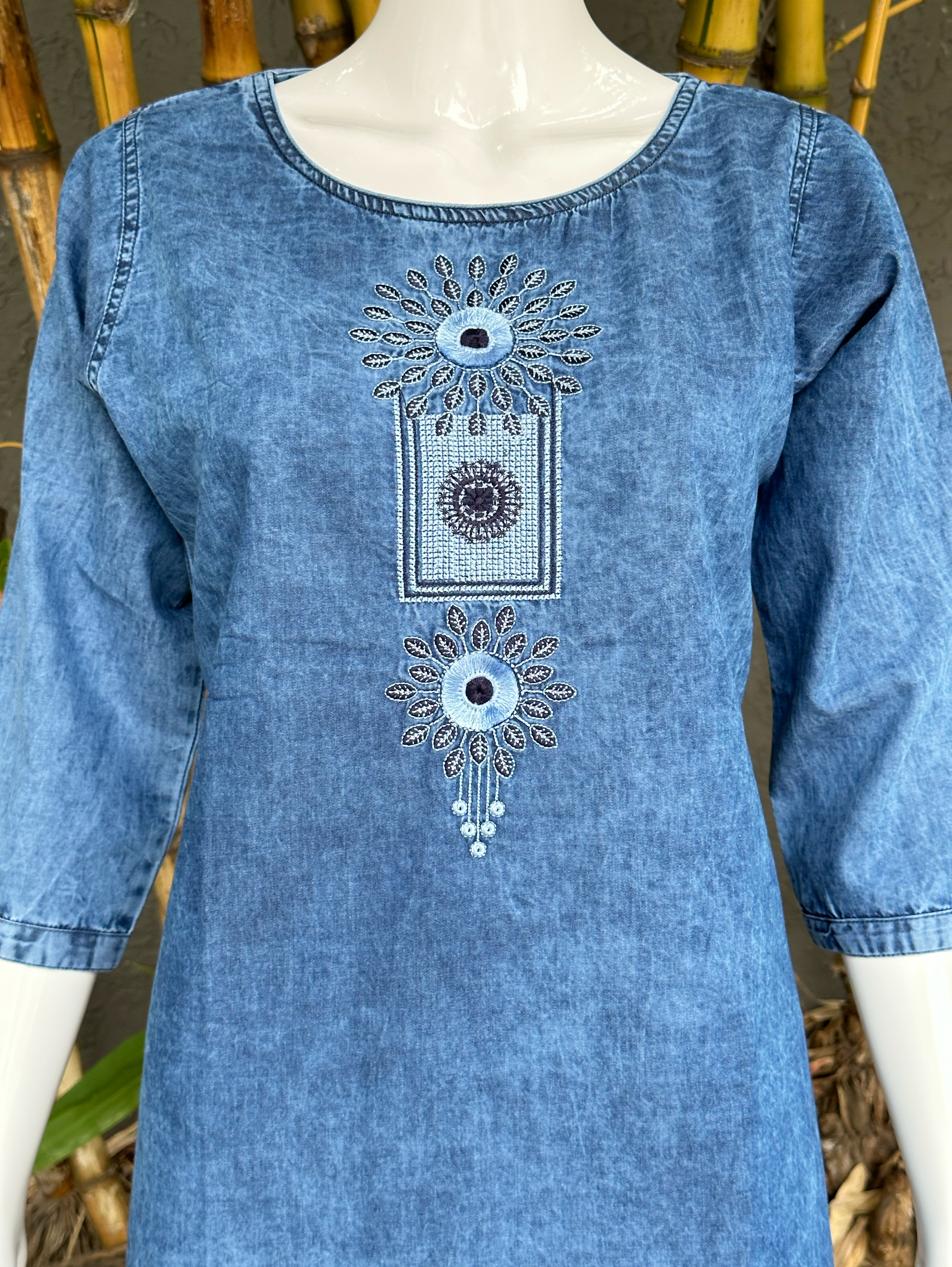 Denim Neck Embroidery Short Tunic Top