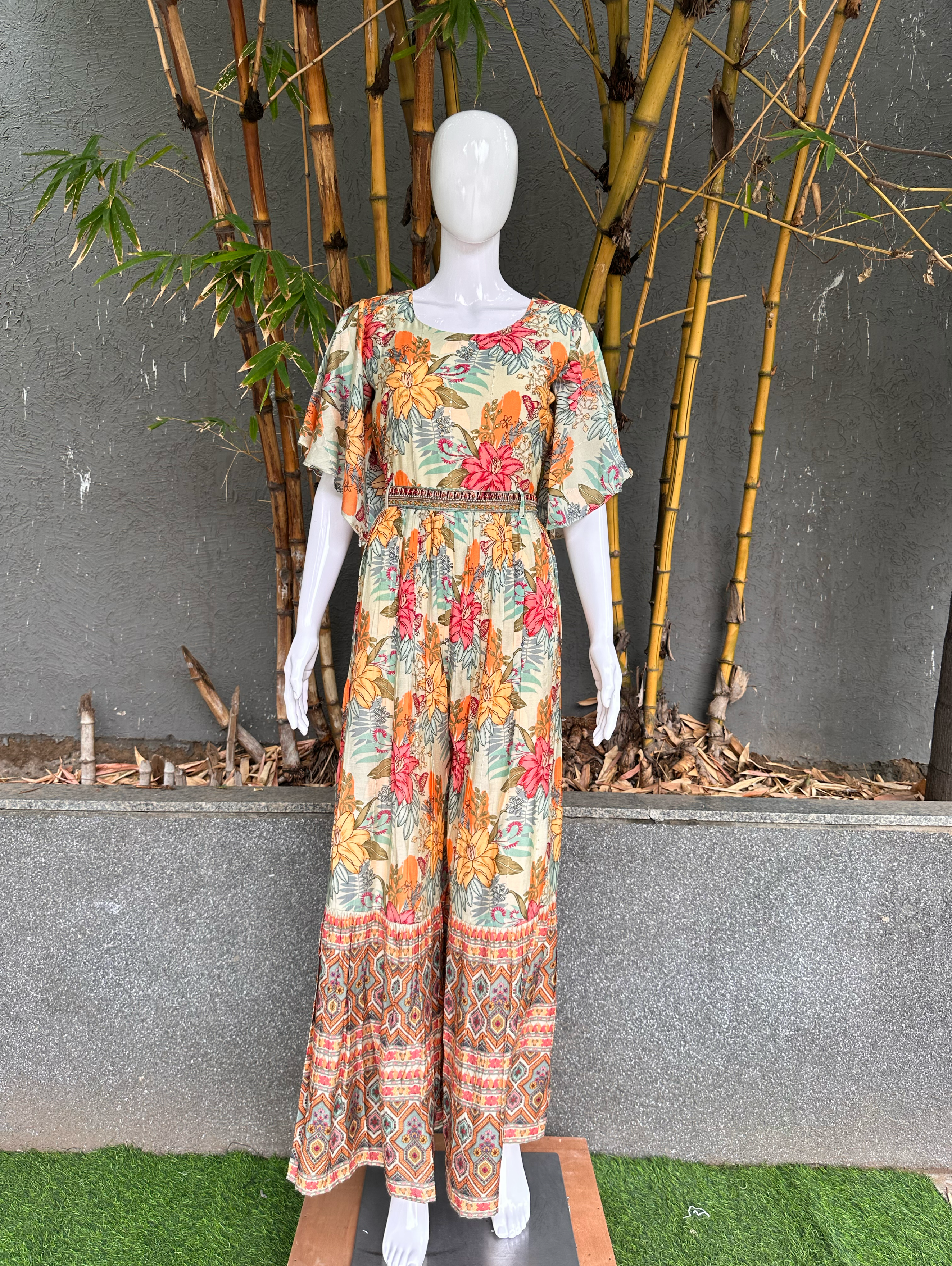 Image of Floral Muslin Jumpsuit with Sequence work