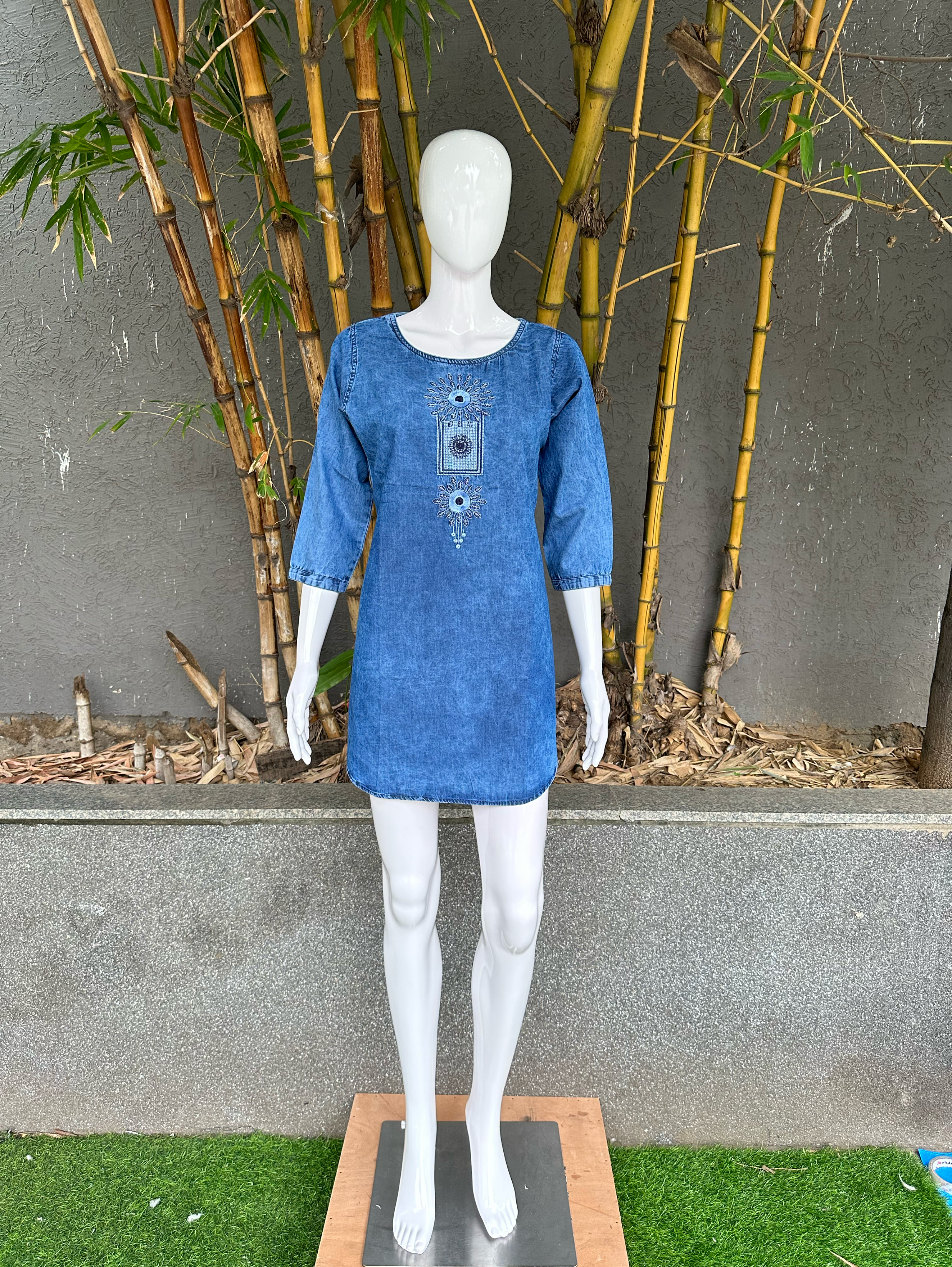Image of Denim Neck Embroidery Short Tunic Top