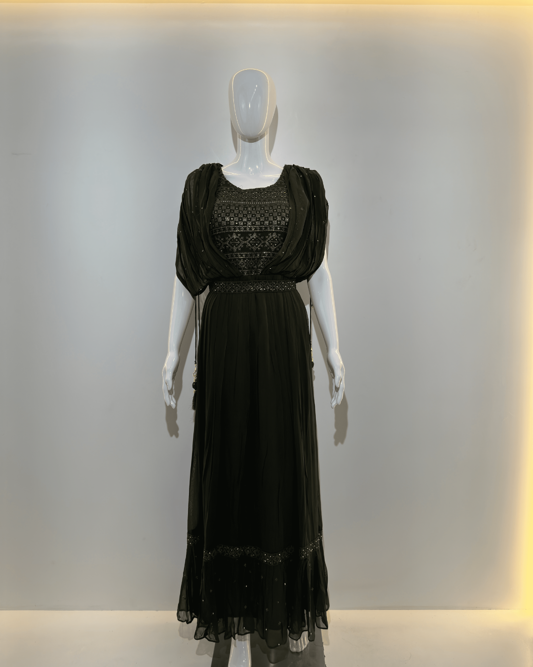 Image of Georgette Butterfly Design Gown with Belt