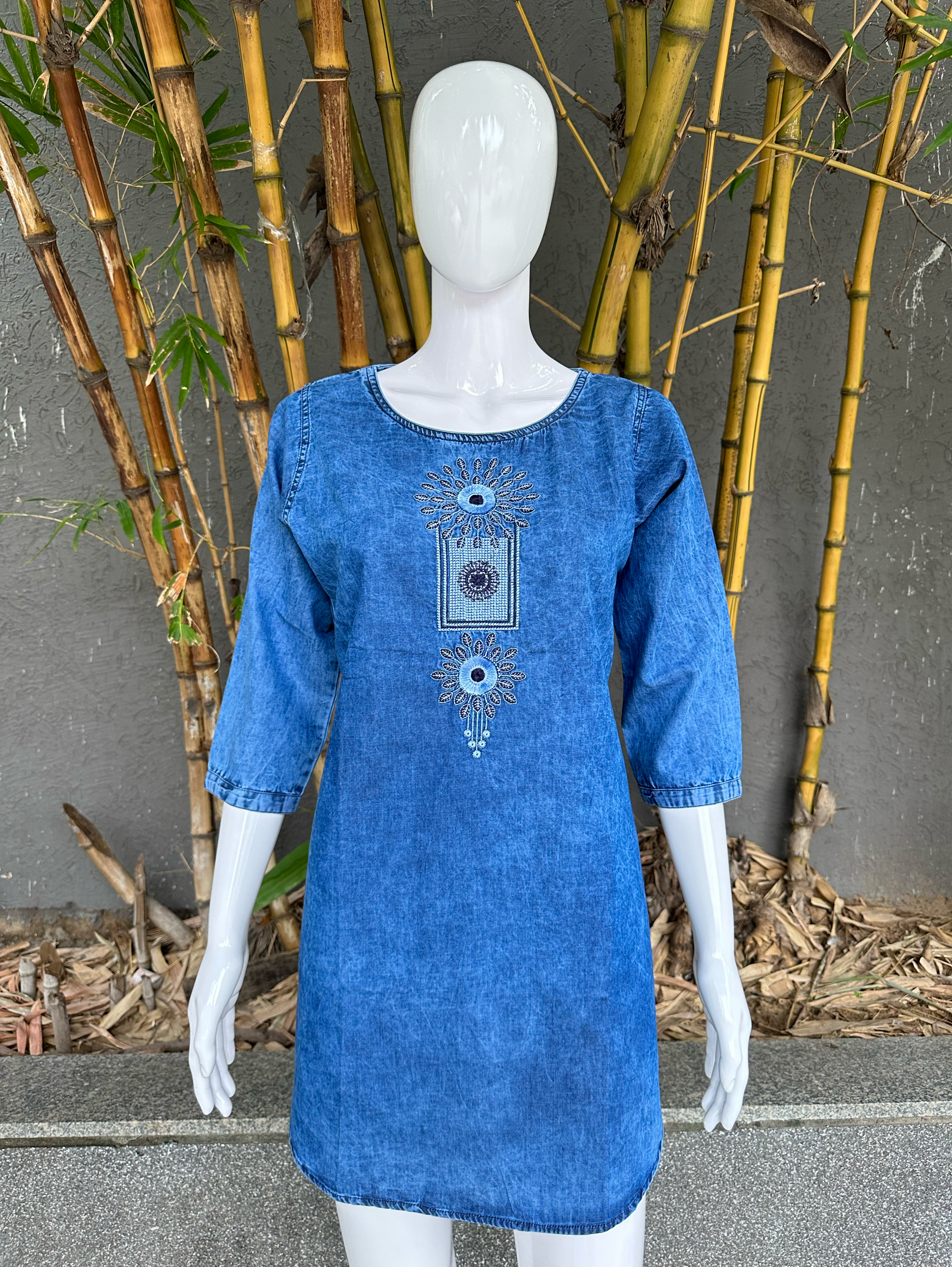 Denim Neck Embroidery Short Tunic Top
