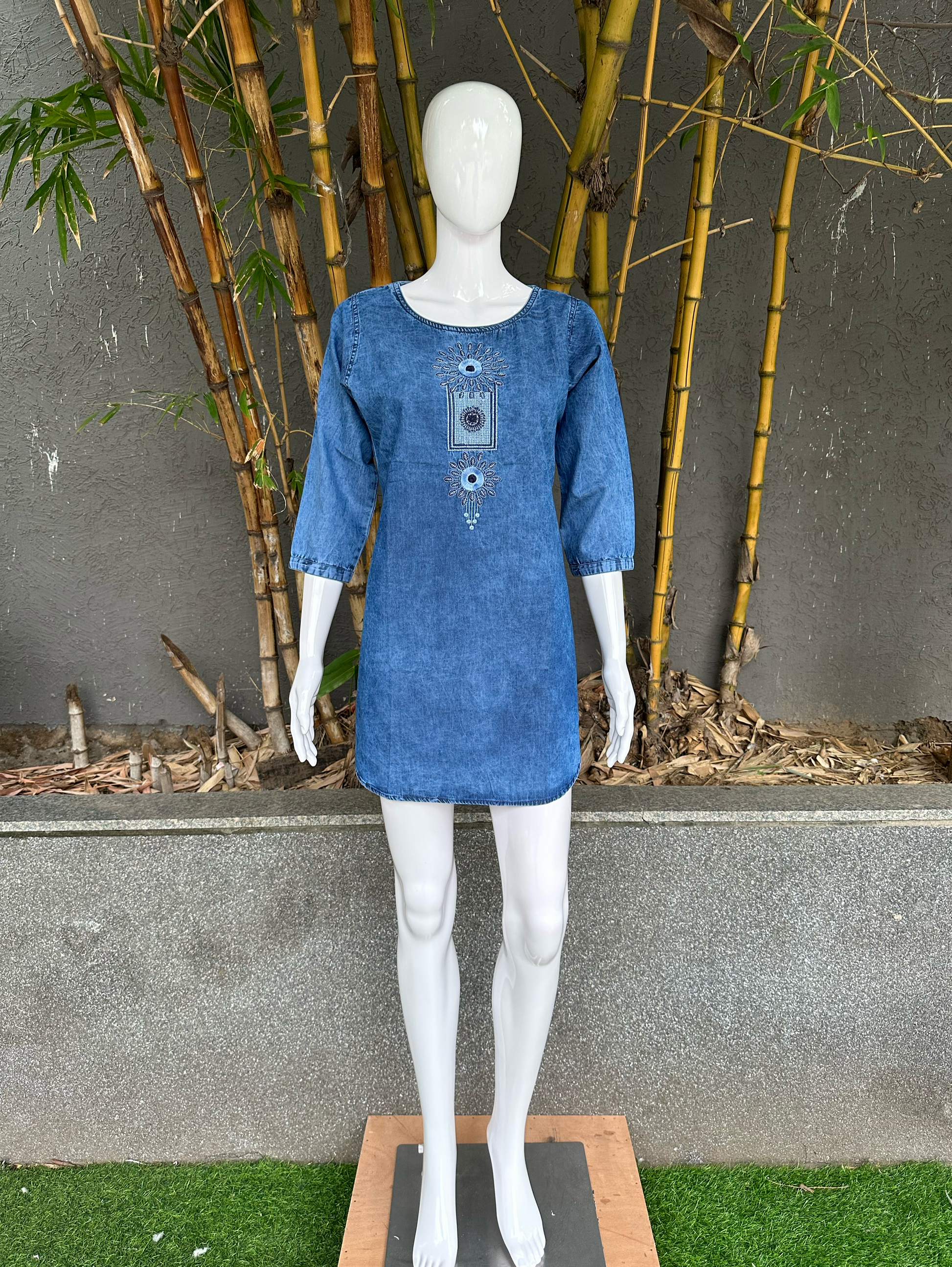 Denim Neck Embroidery Short Tunic Top