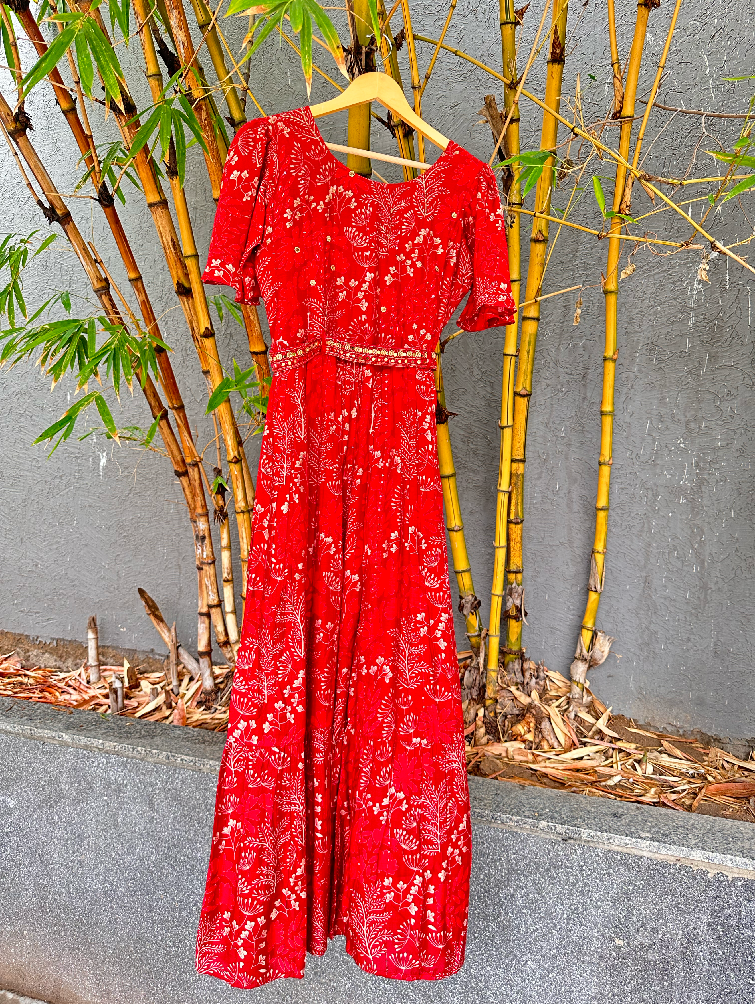 Image of Red Muslin Jumpsuit with Sequence work