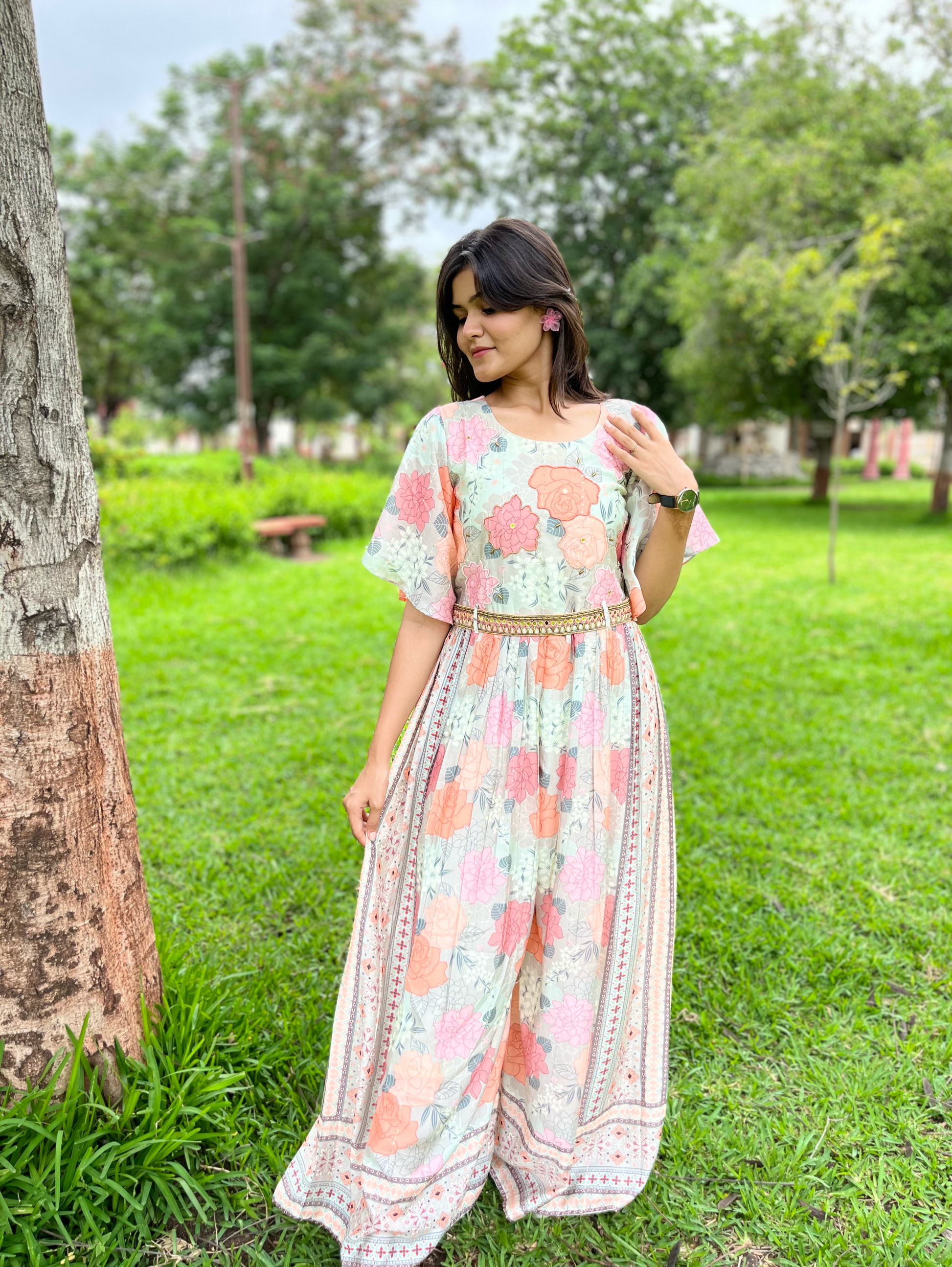 Big Flower Muslin Jumpsuit with Sequence work