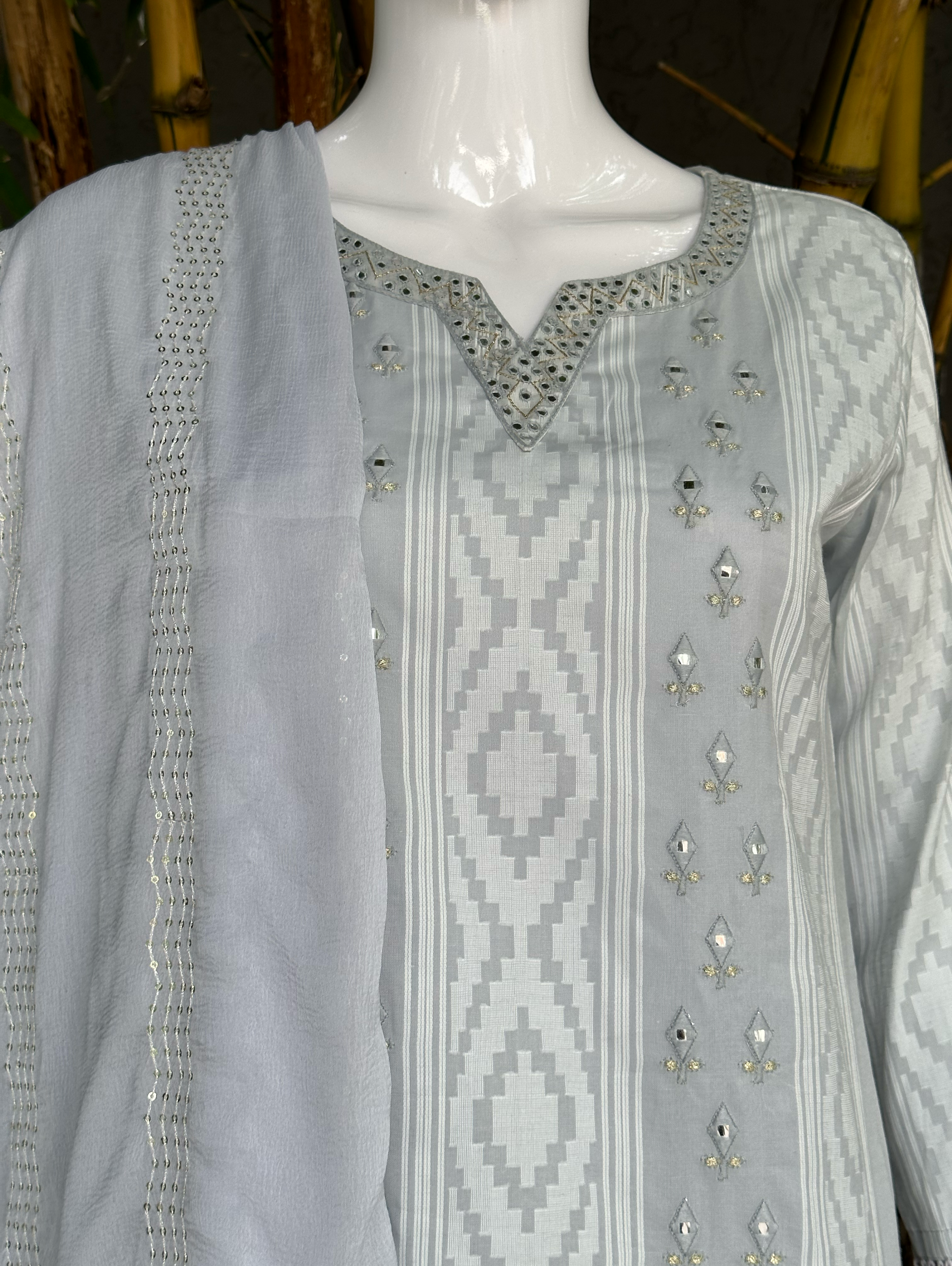 Image of Cotton Ikkat print Embroidery Kurti Set