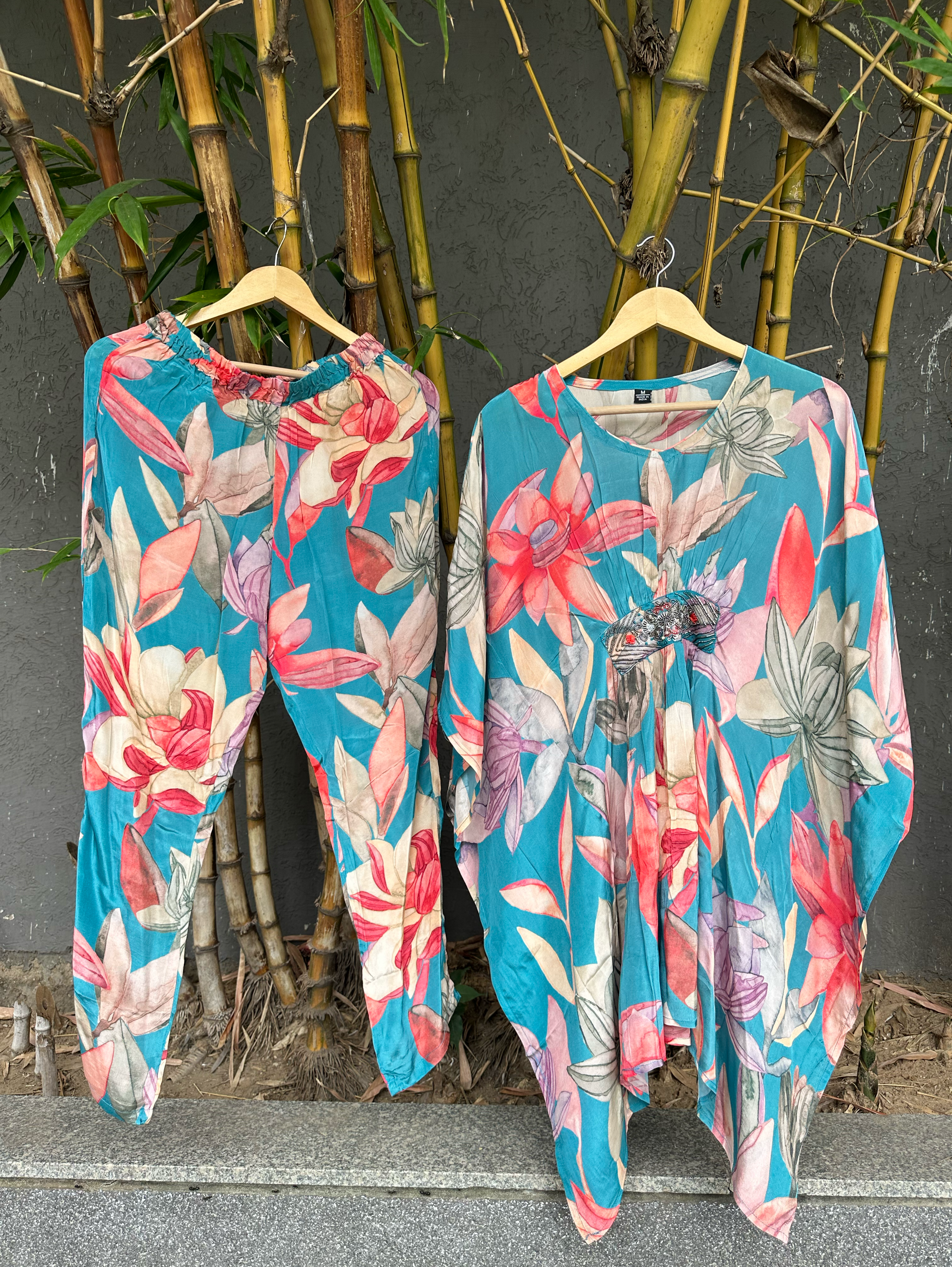 Image of Blue Muslin Kaftan Coords - Hand work