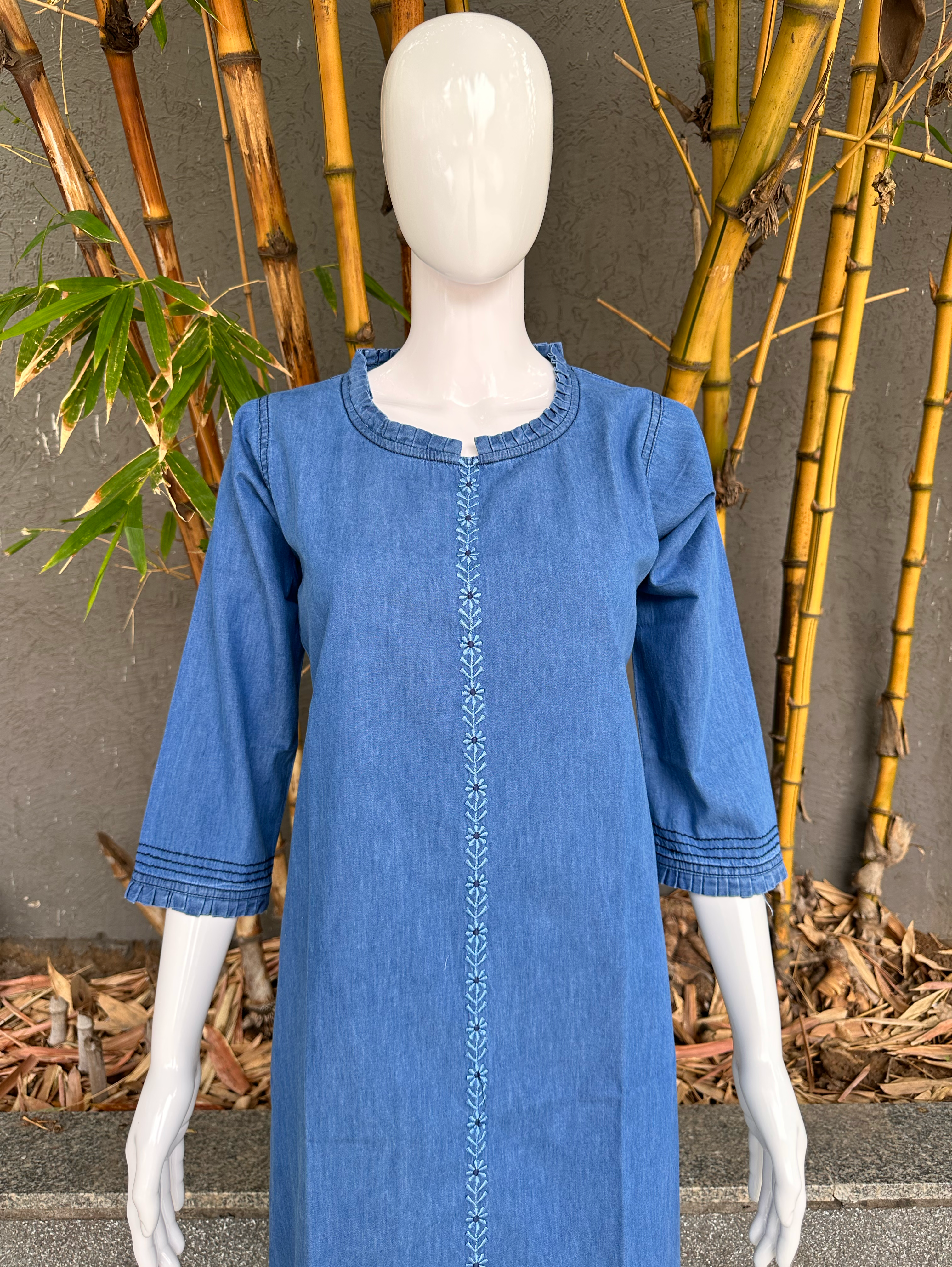 Image of Denim Dress with Embroidery and Unique Cuts