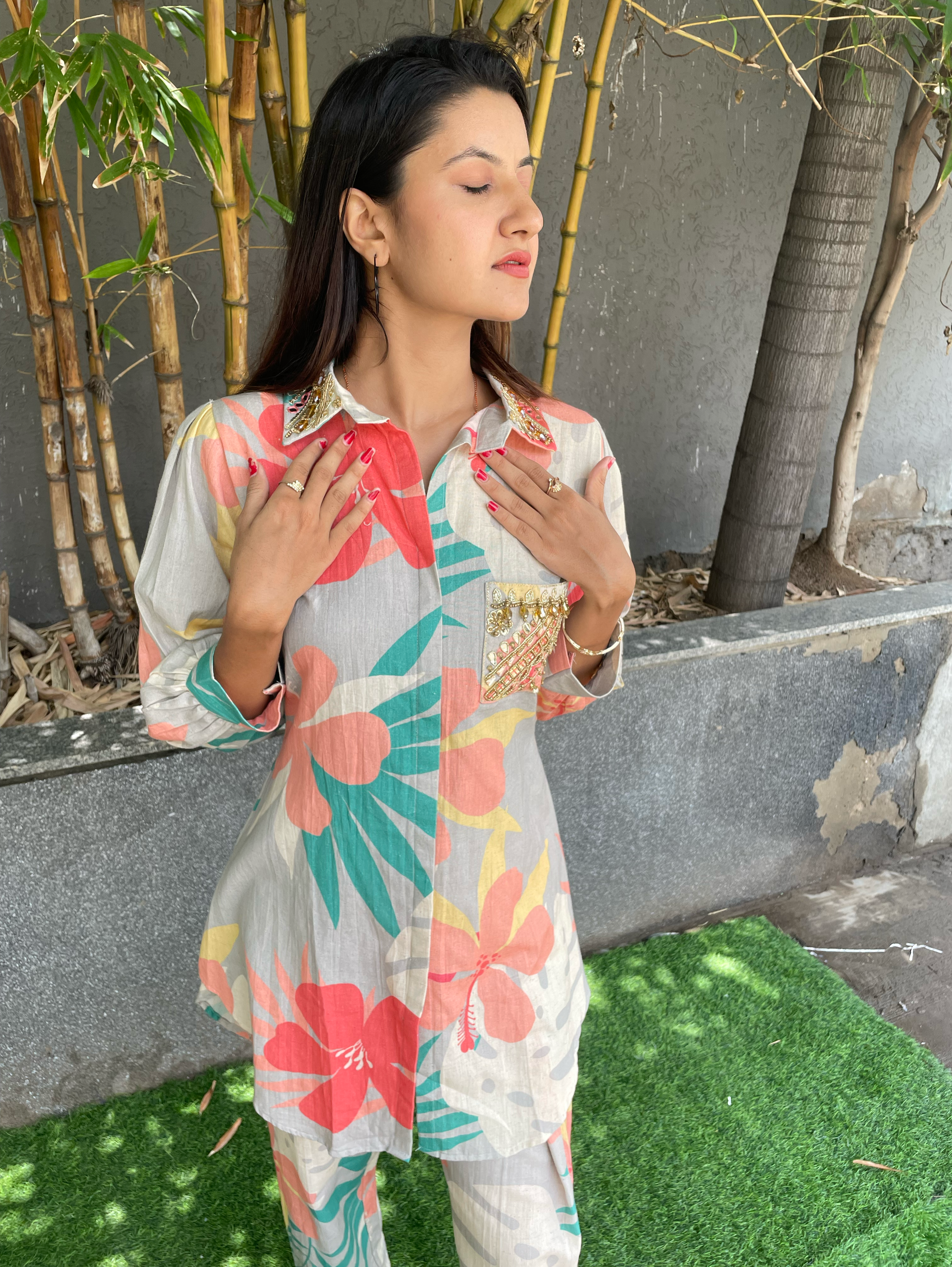 Image of Cotton Flower Print Hand work Coords