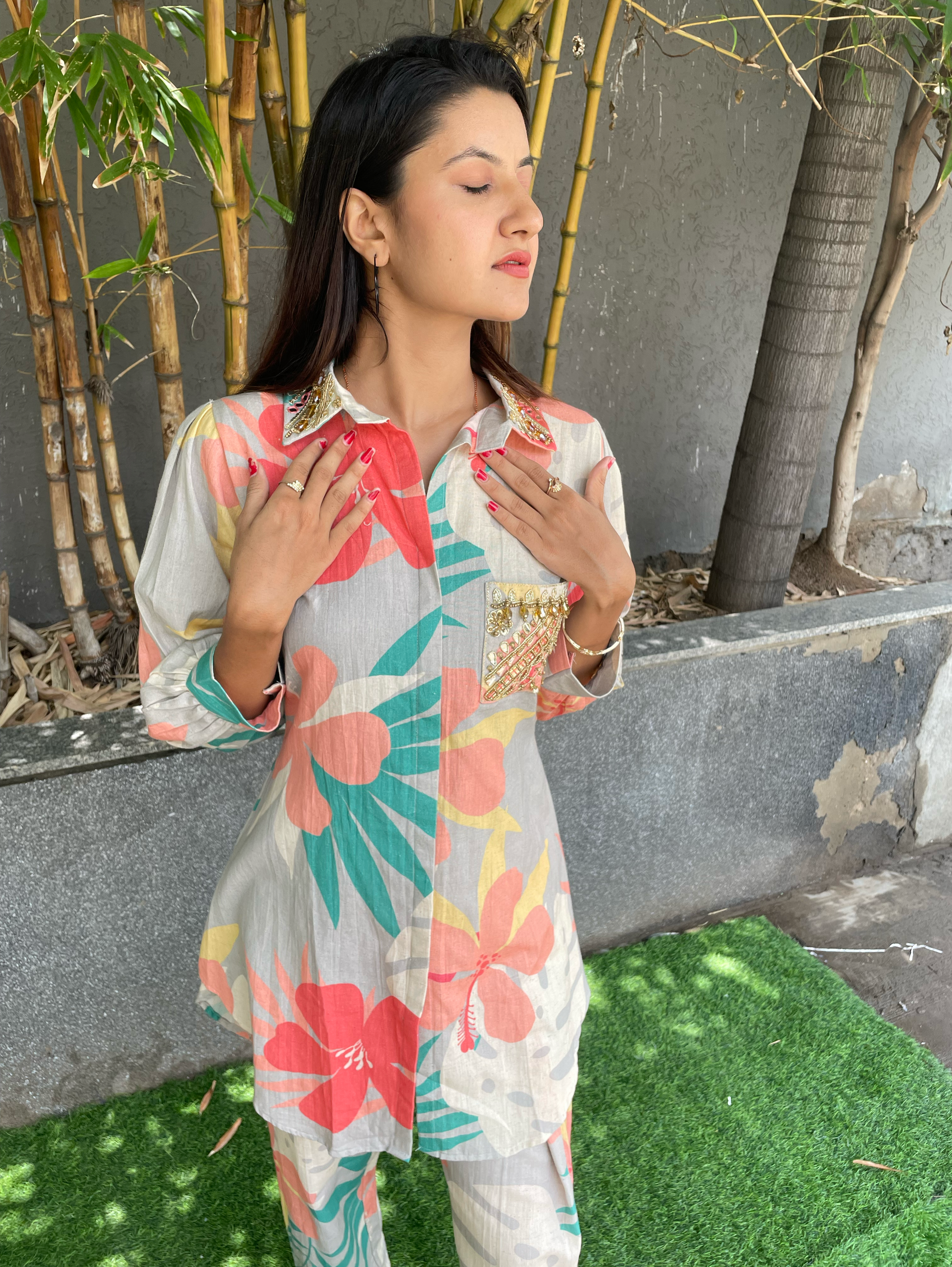 Cotton Flower Print Hand work Coords