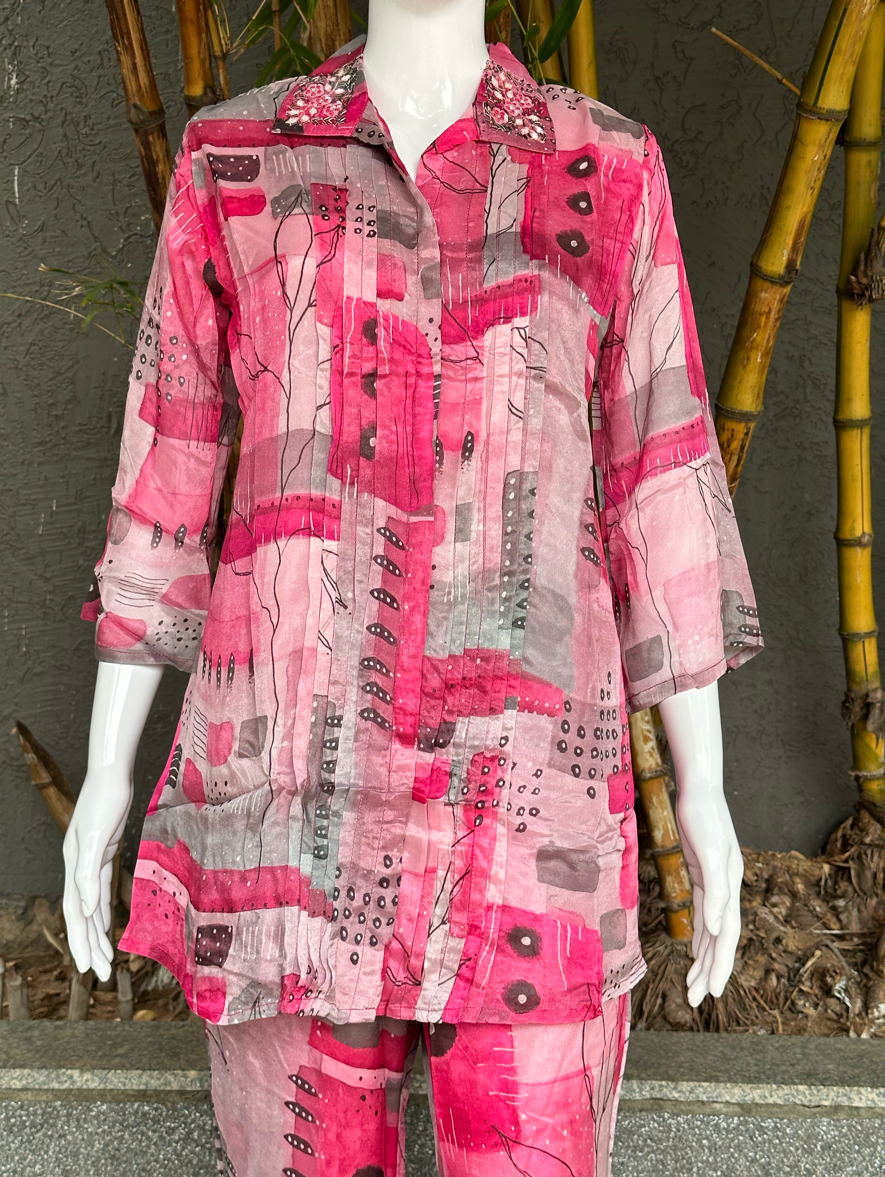 Image of Pure Chinnon Print with Collar work - Coord Set