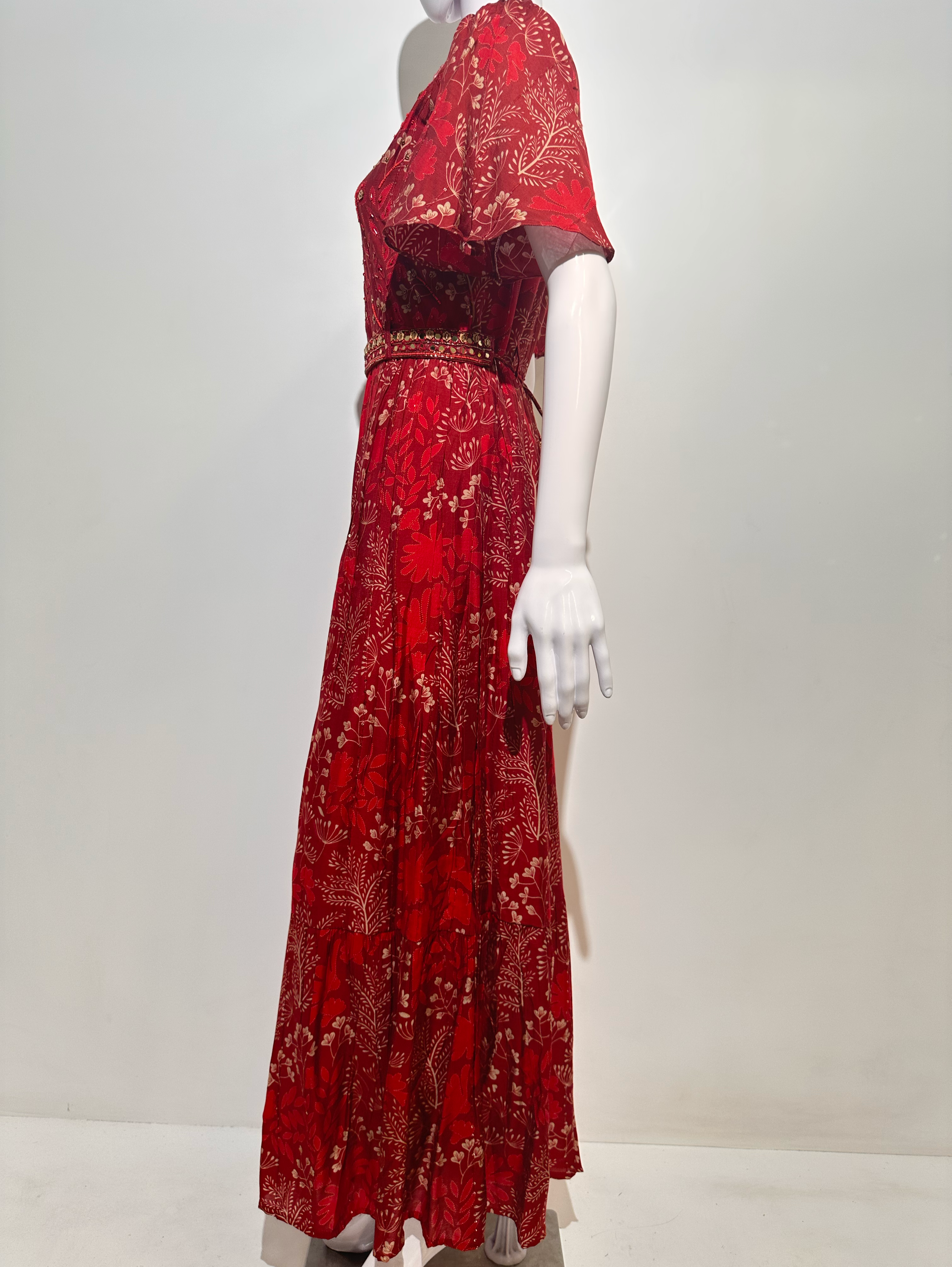 Image of Red Muslin Jumpsuit with Sequence work