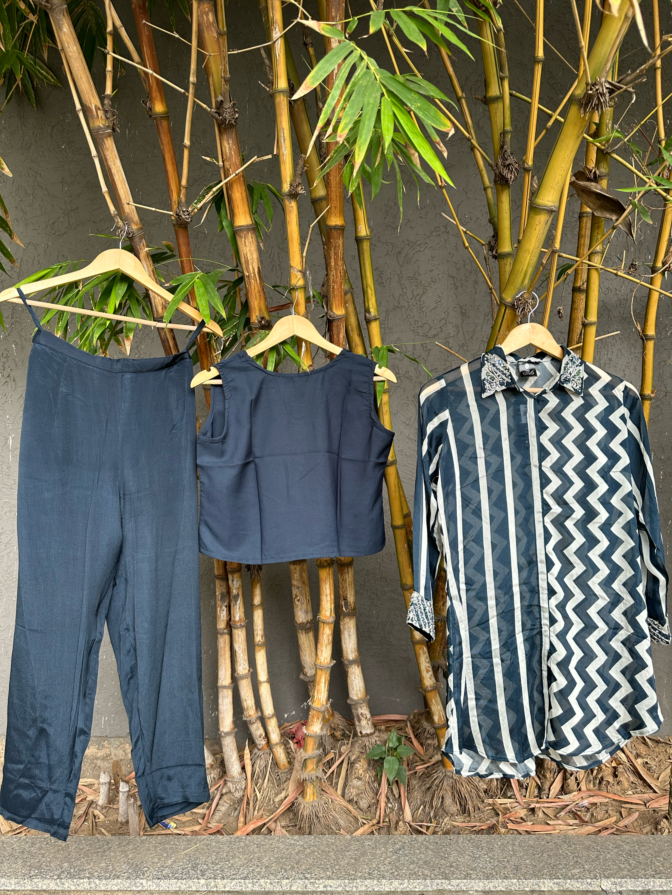 Solid Blue Crepe Coord Set with Hand work - 3 Piece