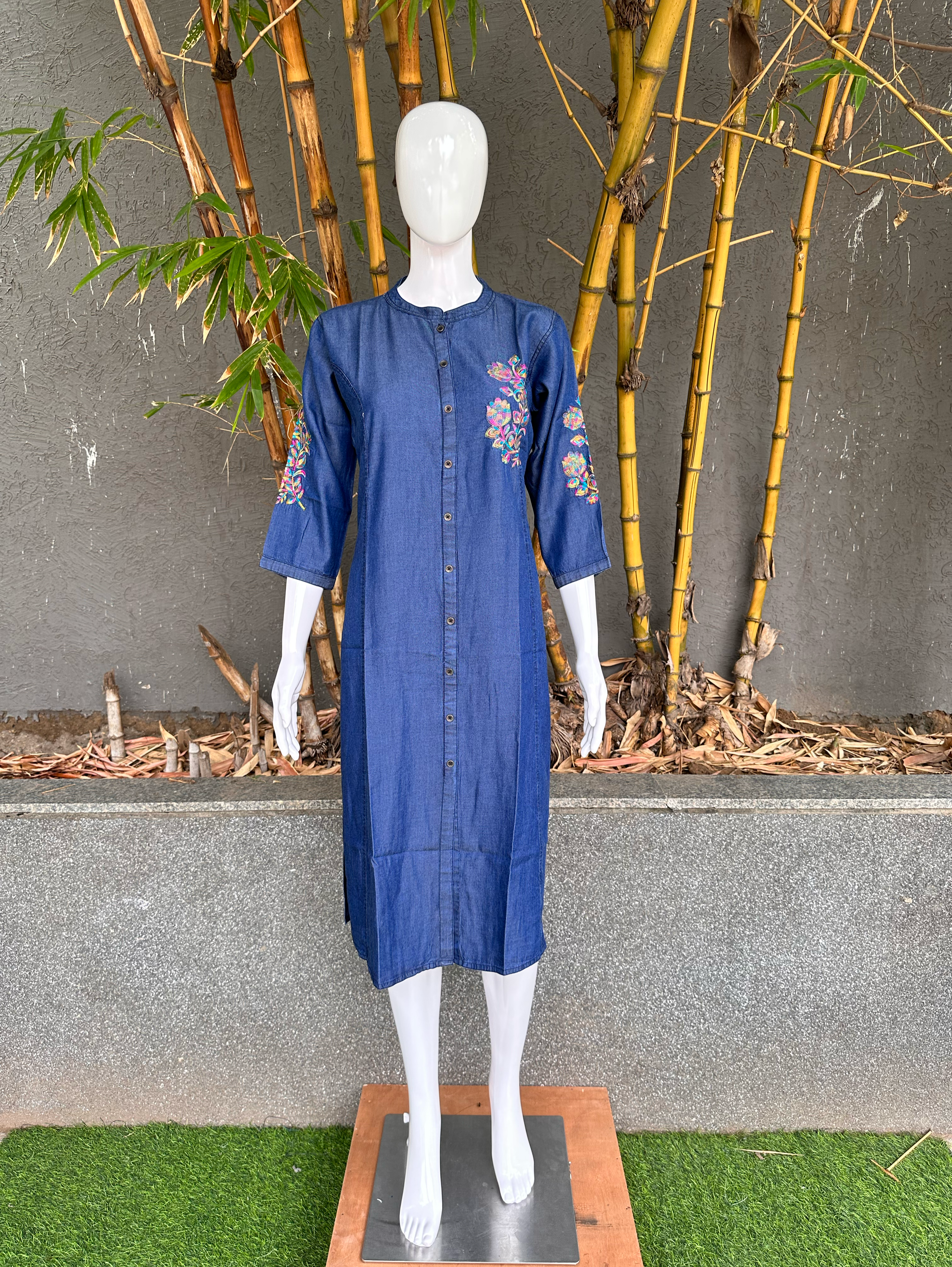Image of Denim Embroidery Straight Kurti