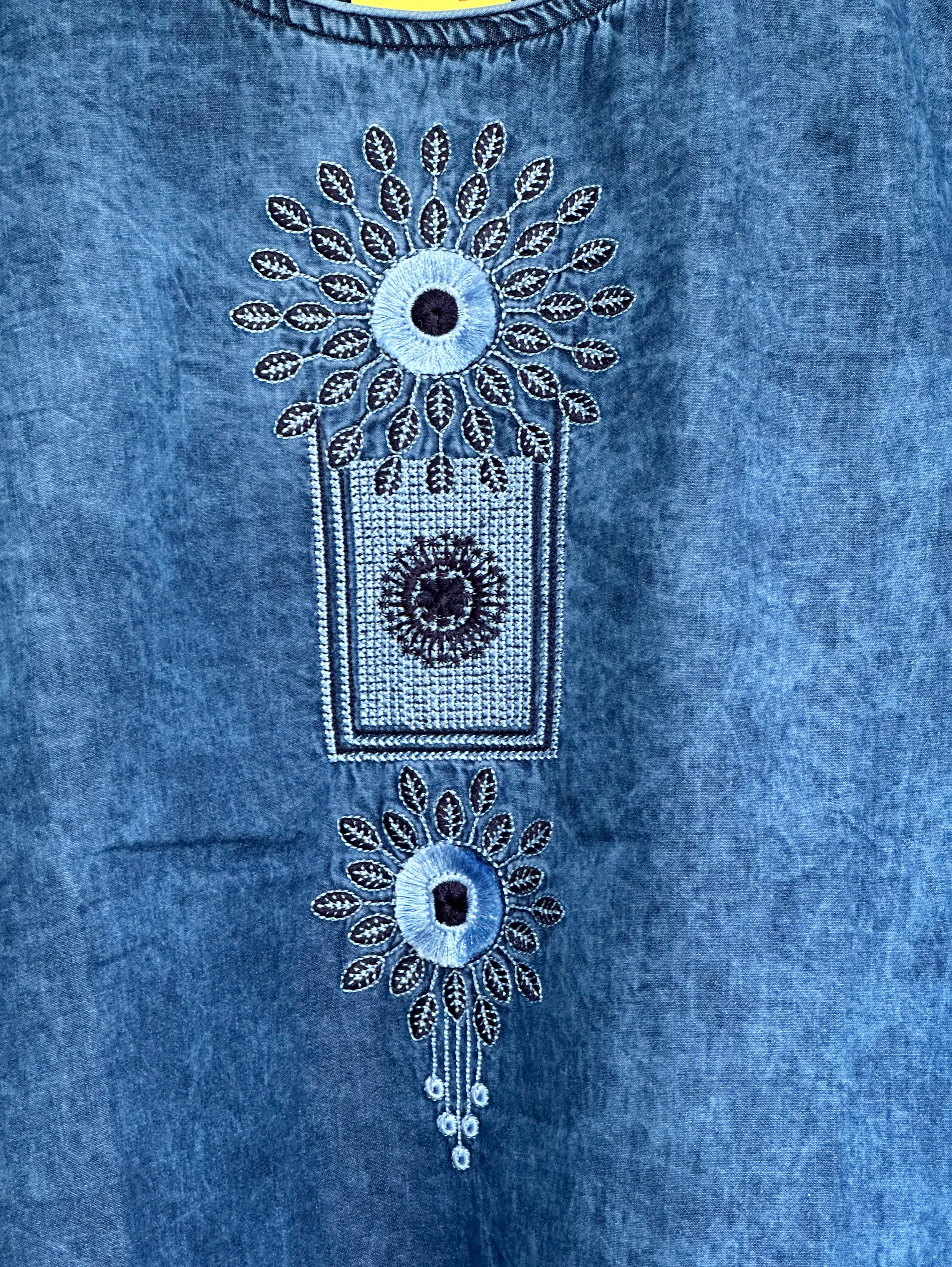 Image of Denim Neck Embroidery Short Tunic Top