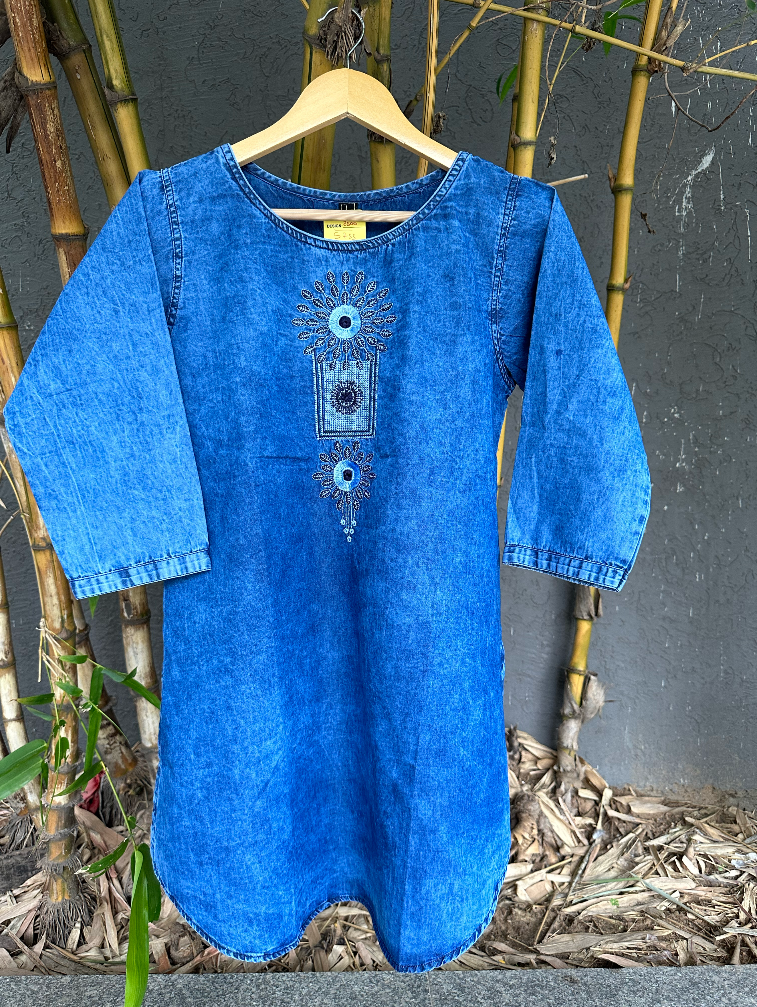 Image of Denim Neck Embroidery Short Tunic Top