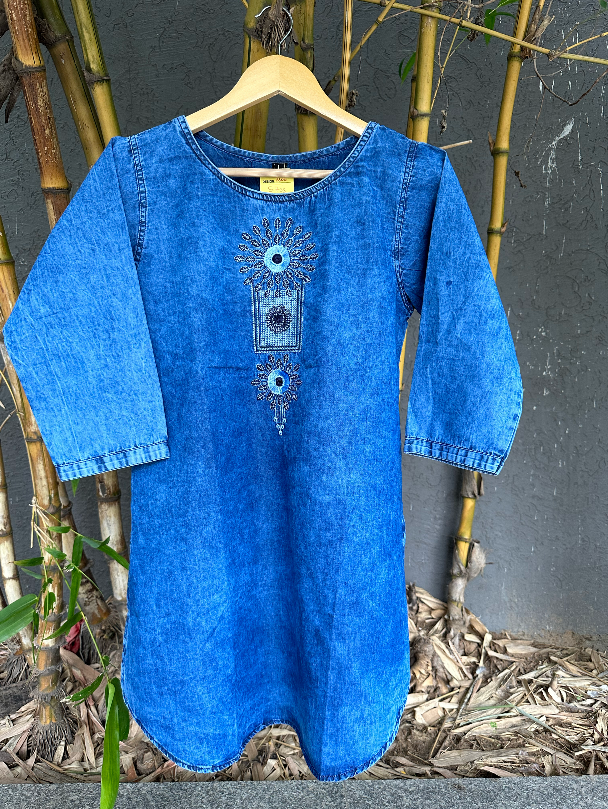 Denim Neck Embroidery Short Tunic Top