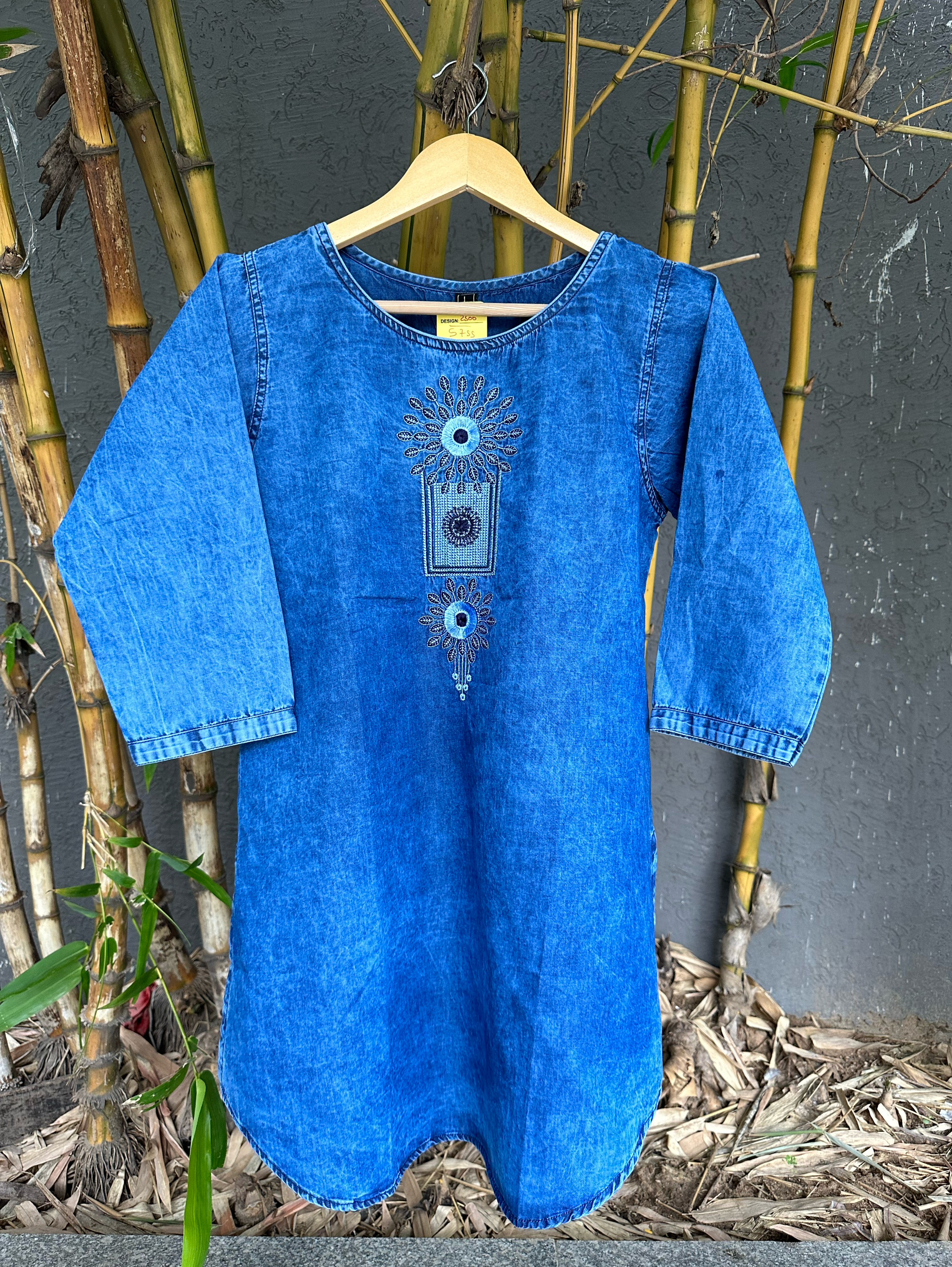 Image of Denim Neck Embroidery Short Tunic Top