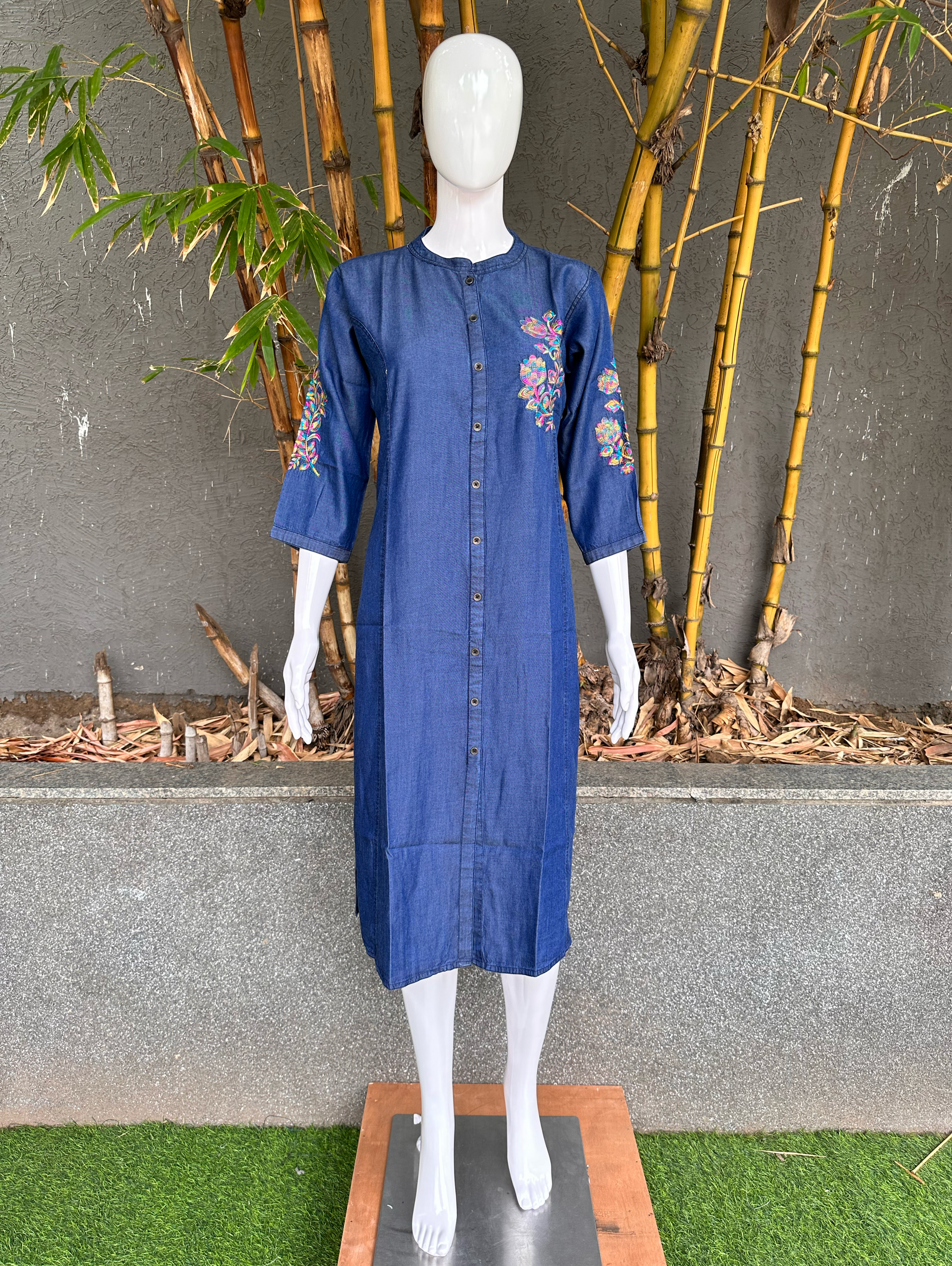 Denim Embroidery Straight Kurti
