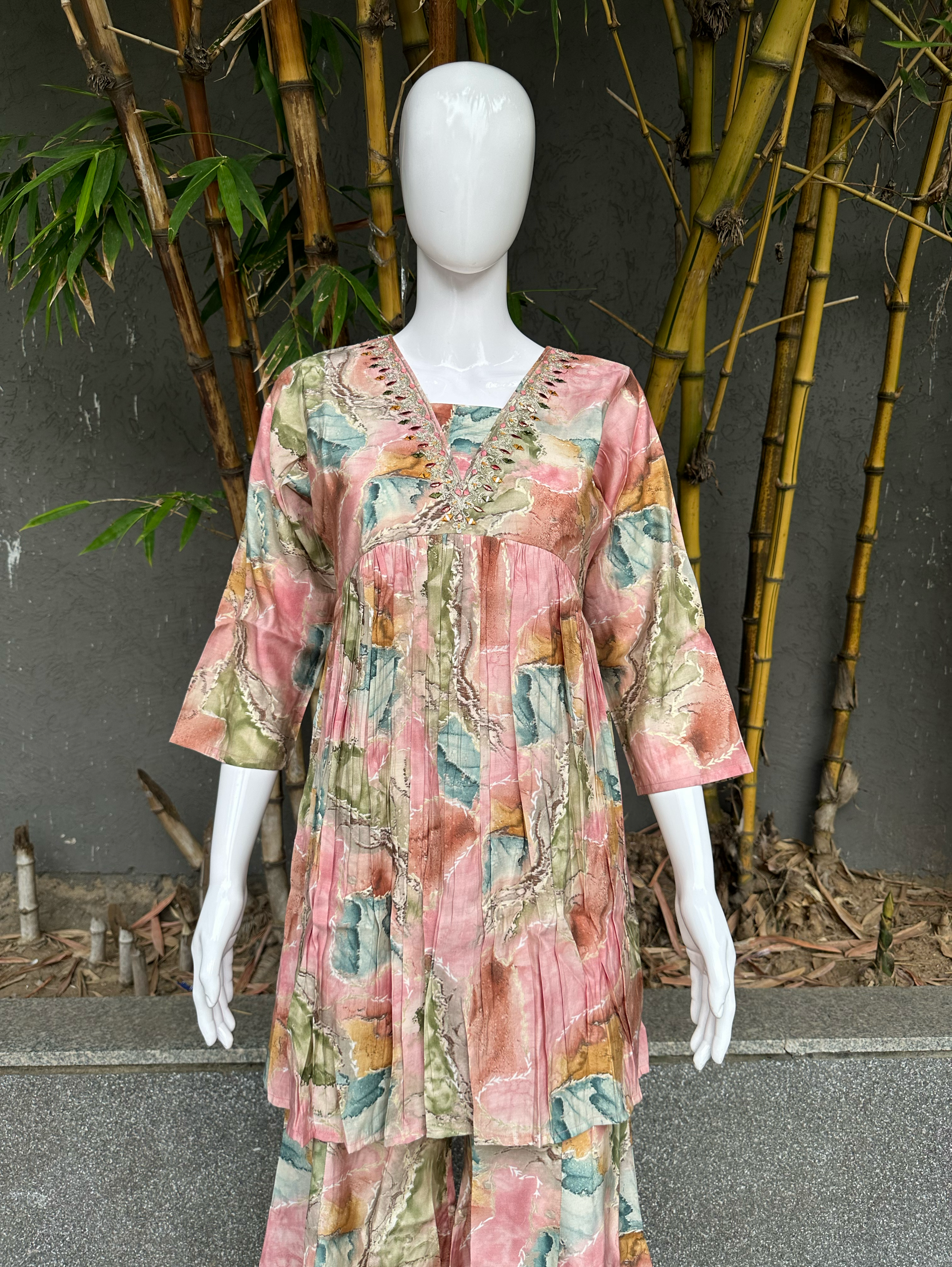 Image of Bell Bottom Muslin Coords with Embroidery