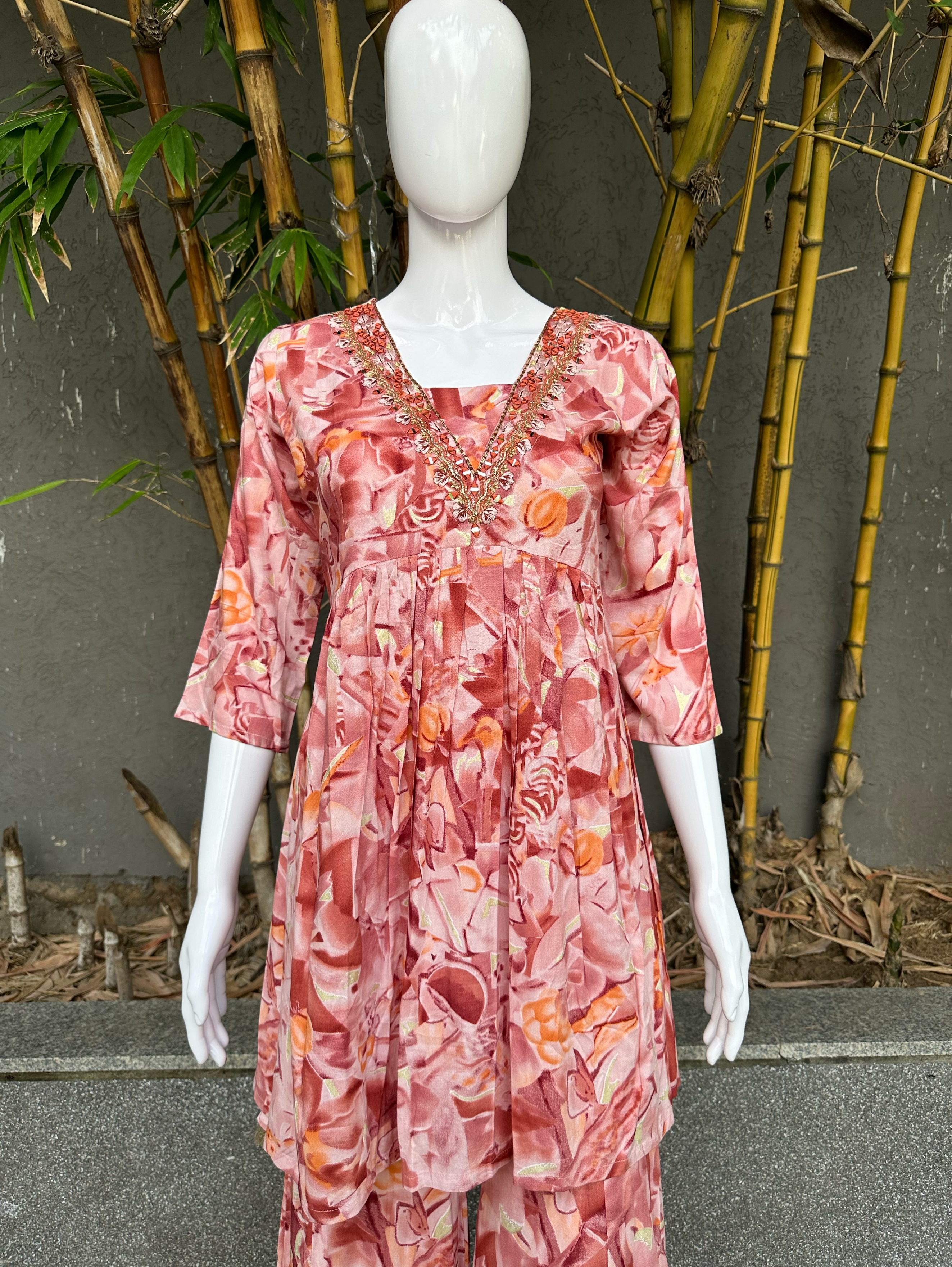 Image of Rayon V Neck Bell Bottom Style Coords