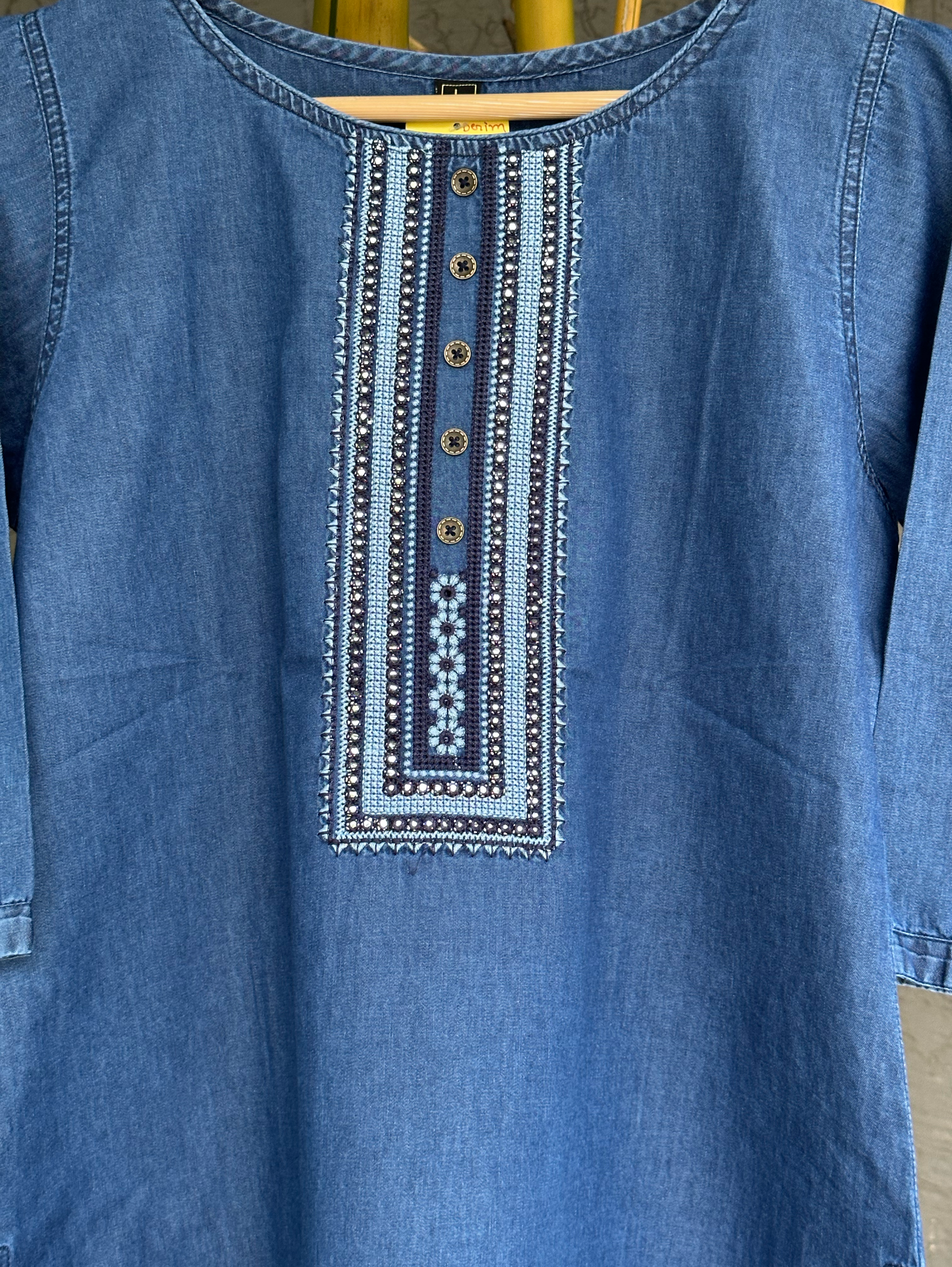 Denim Neck Embroidery Short Tunic Top