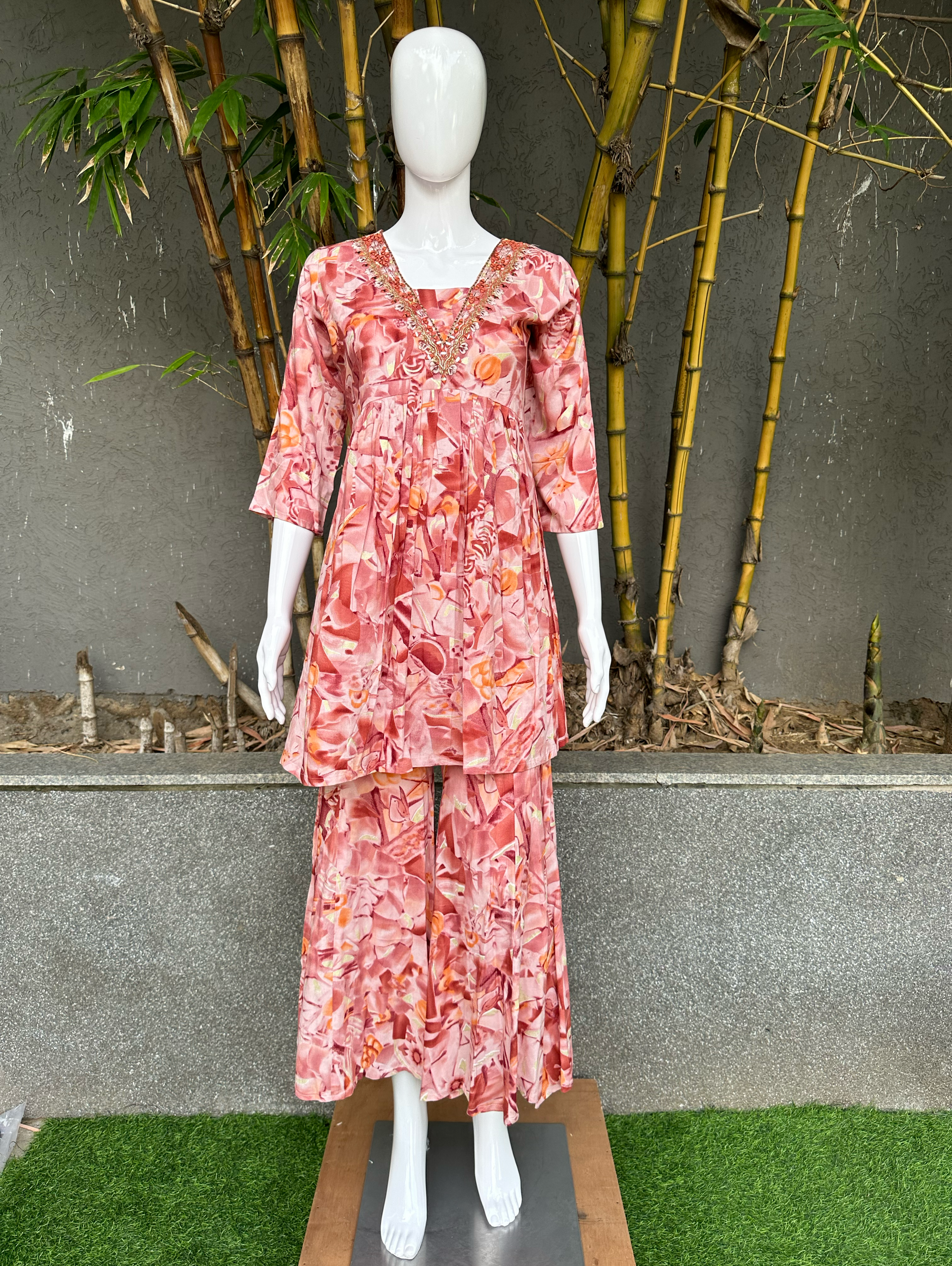 Image of Rayon V Neck Bell Bottom Style Coords