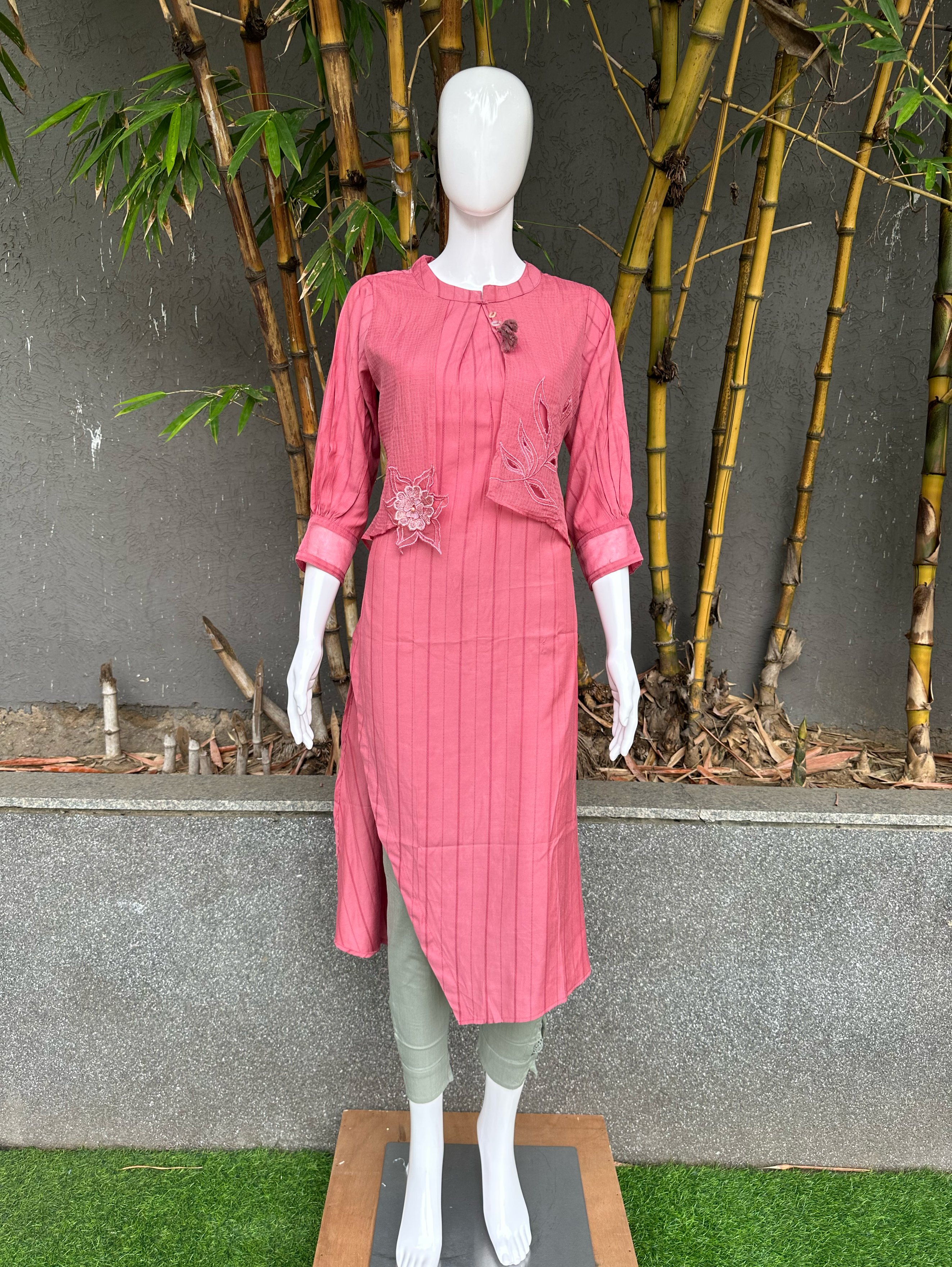 Image of Rayon Pant Pair with Attached Jacket and Embroidery work
