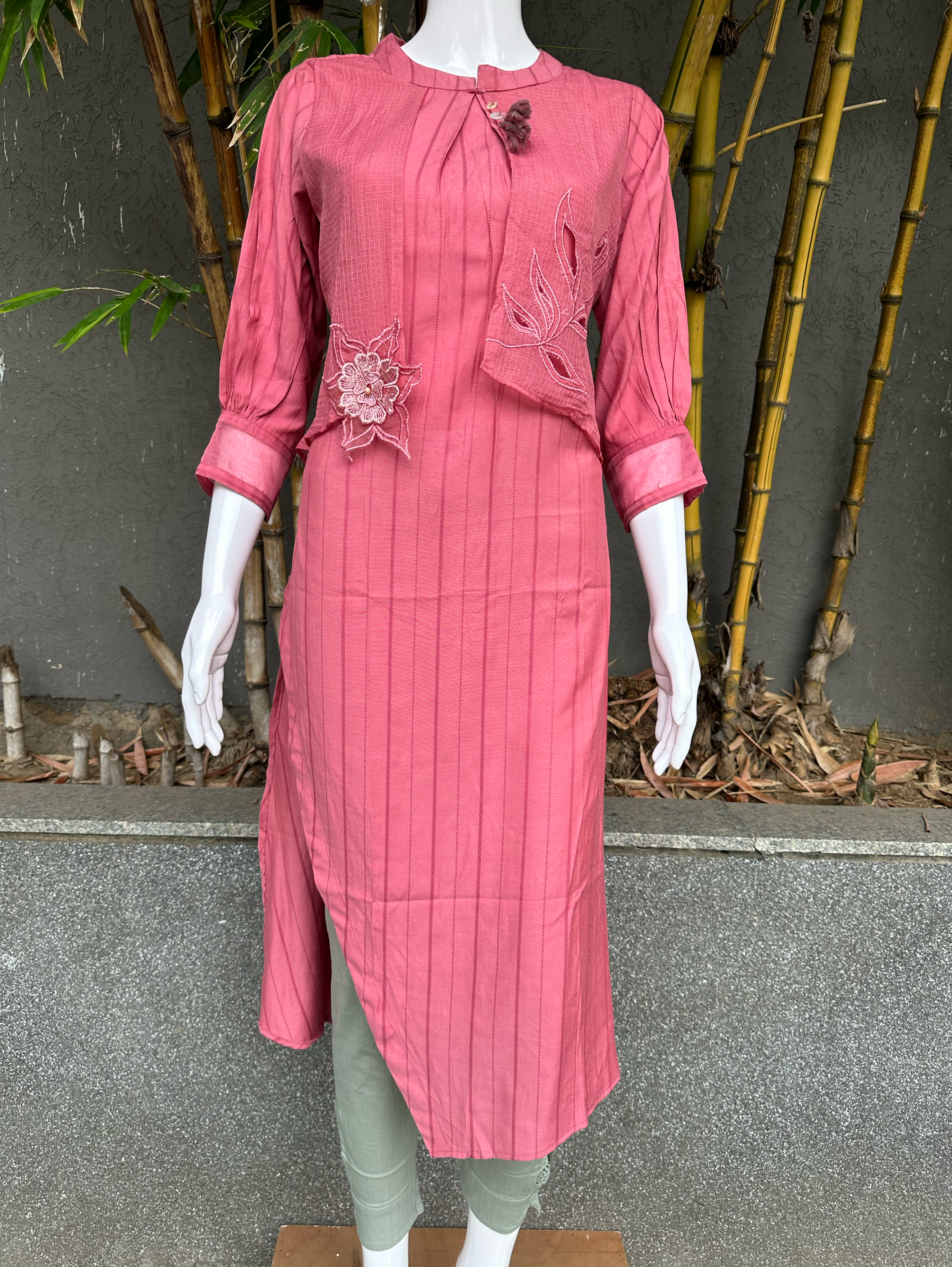 Image of Rayon Pant Pair with Attached Jacket and Embroidery work