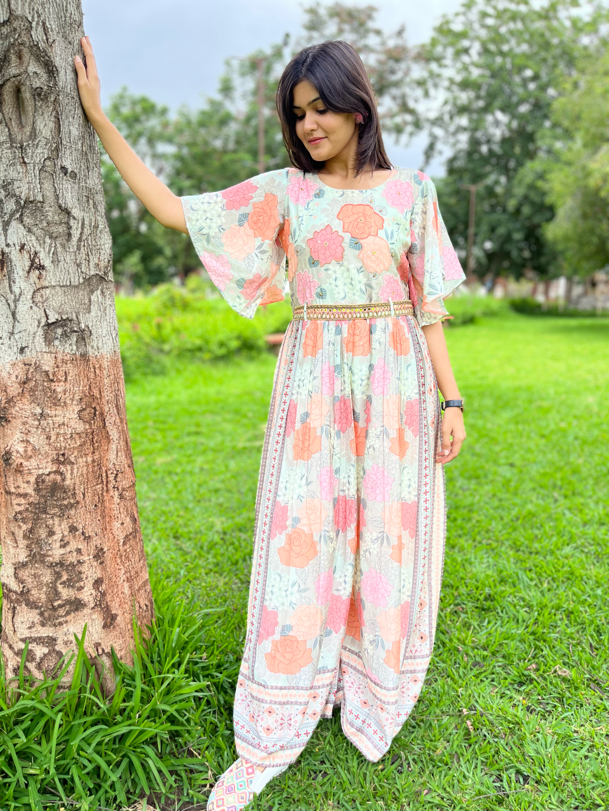 Big Flower Muslin Jumpsuit with Sequence work